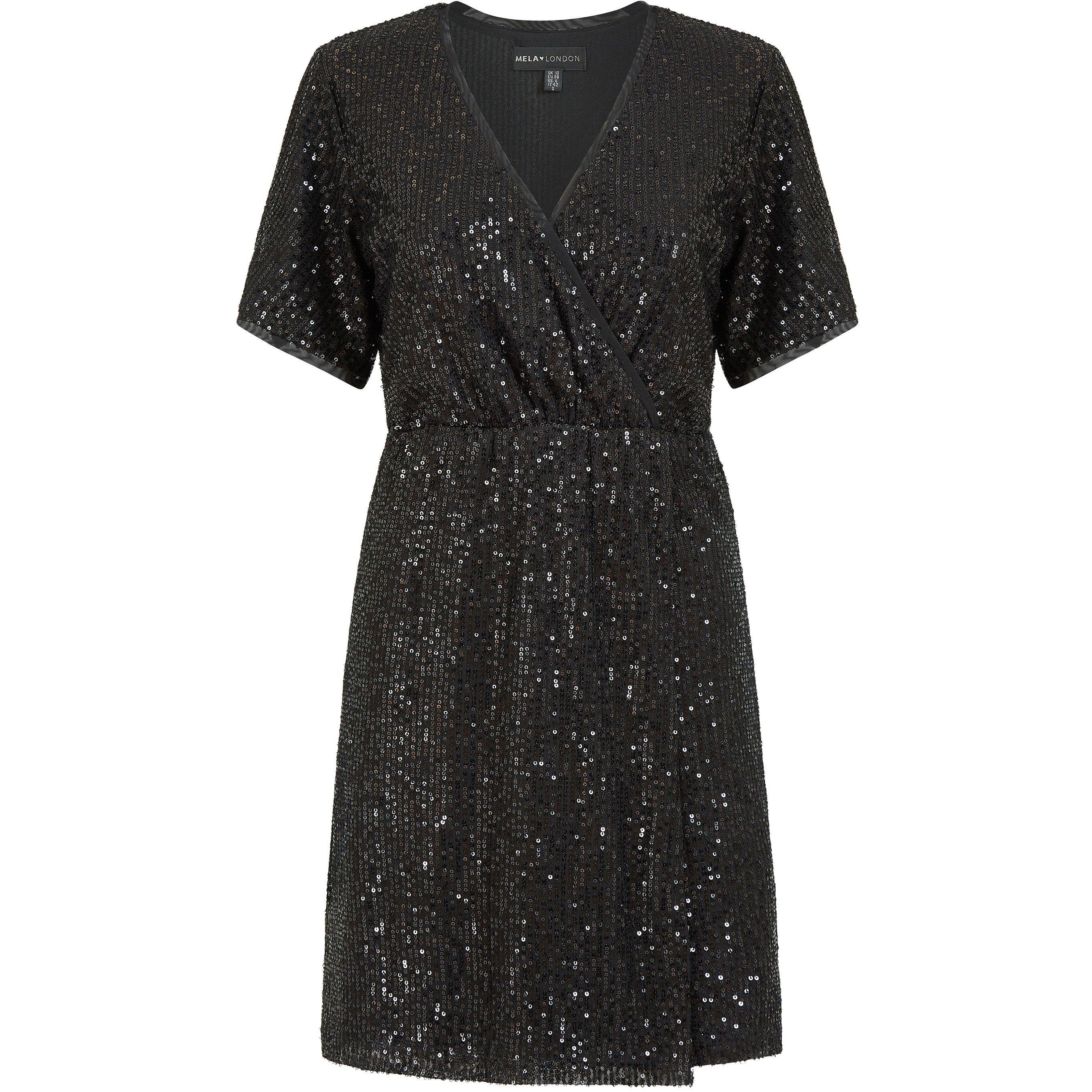 Black - Mela London - Black Sequin Kimono Sleeve Wrap Dress - 4