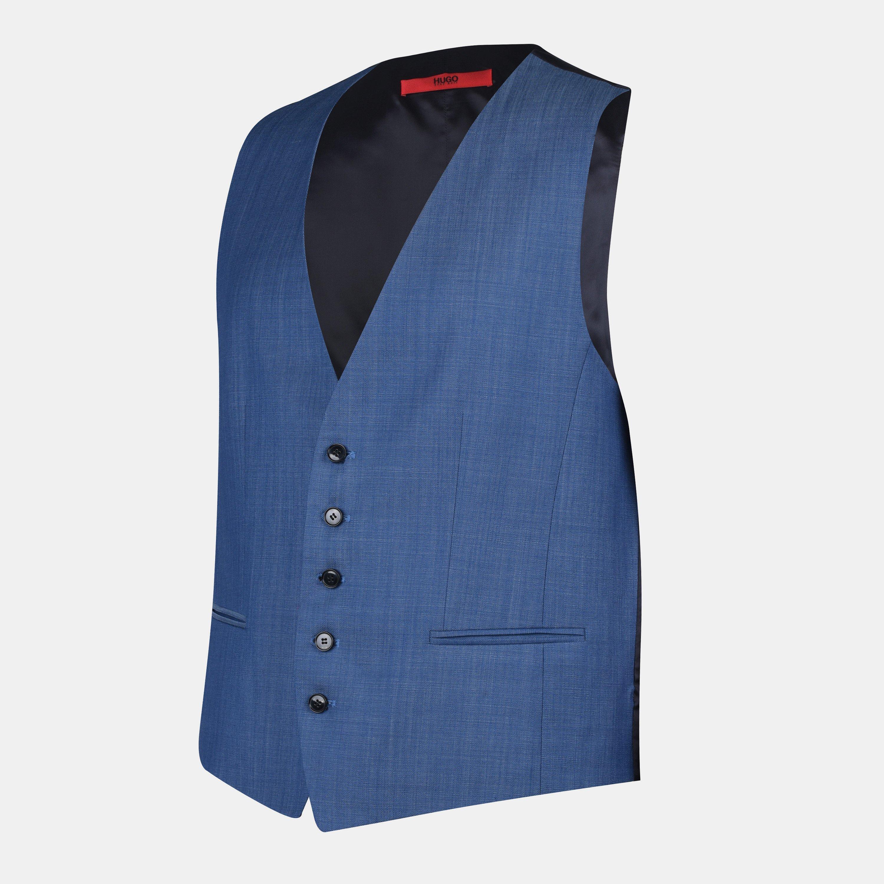Mid Blue - Hugo - Slim Fit Blue Grid Texture Waistcoat - 3