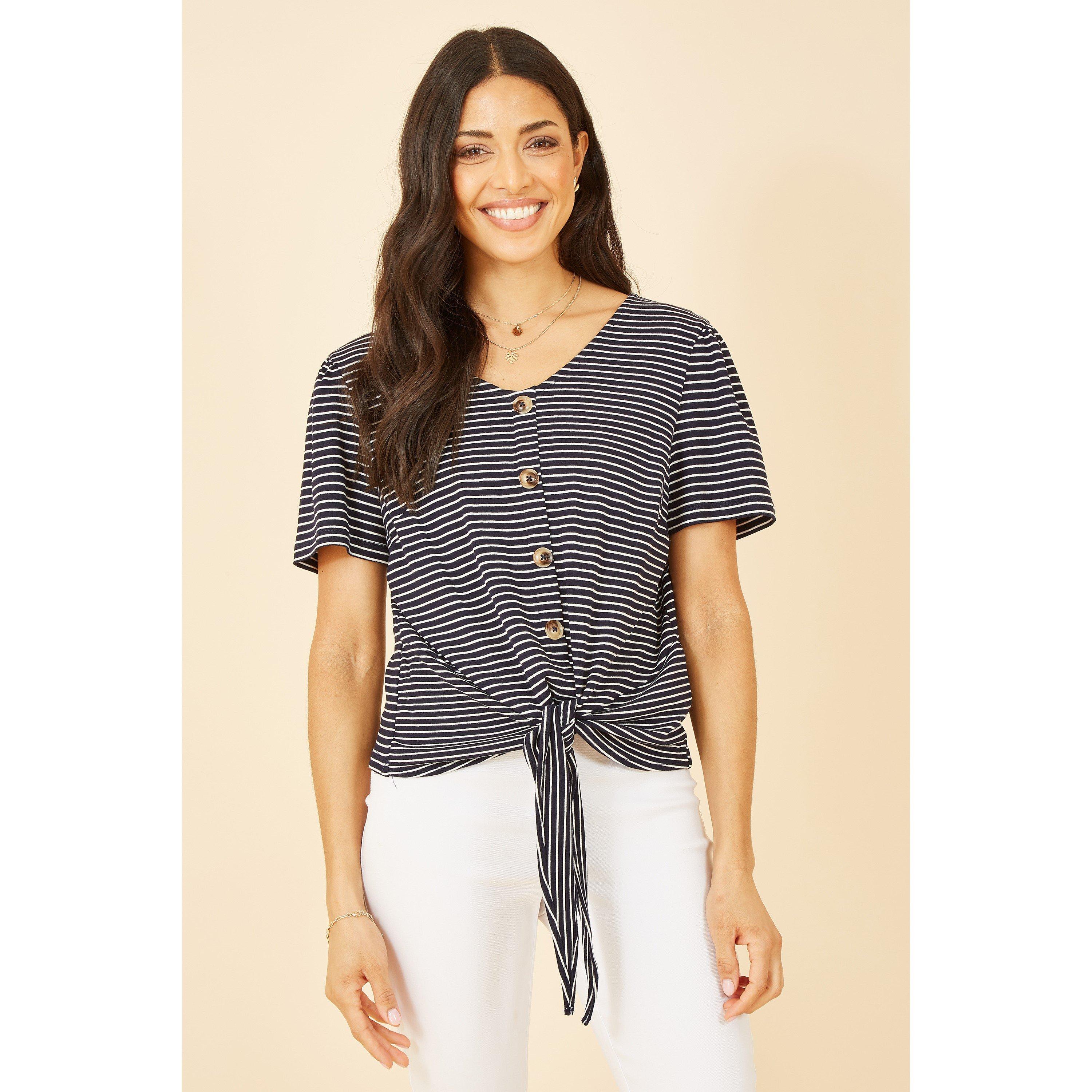 Yumi Women's Striped Jersey Button Detail Top Navy - 10