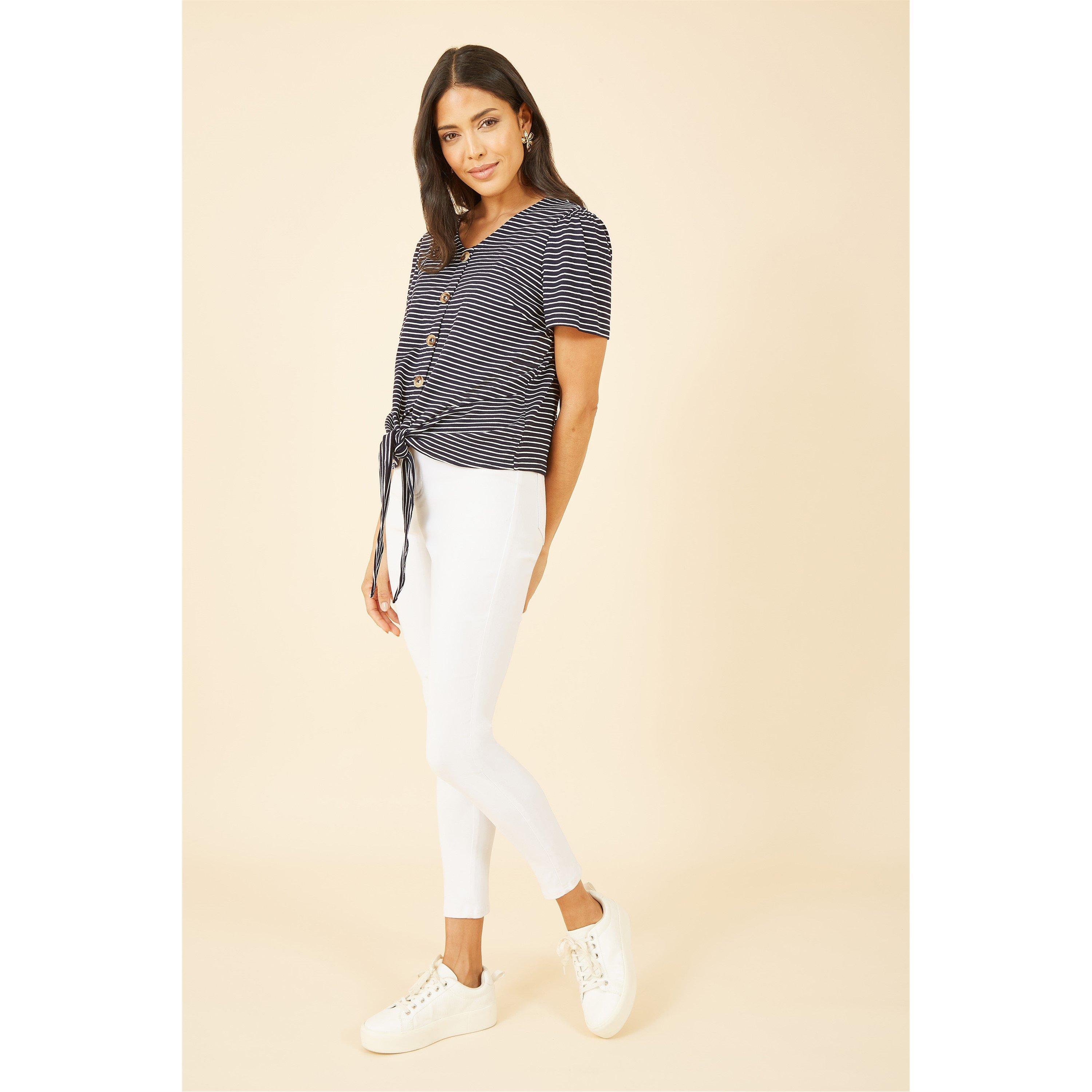 Navy - Yumi - Navy Striped Jersey Button Detail Top - 2