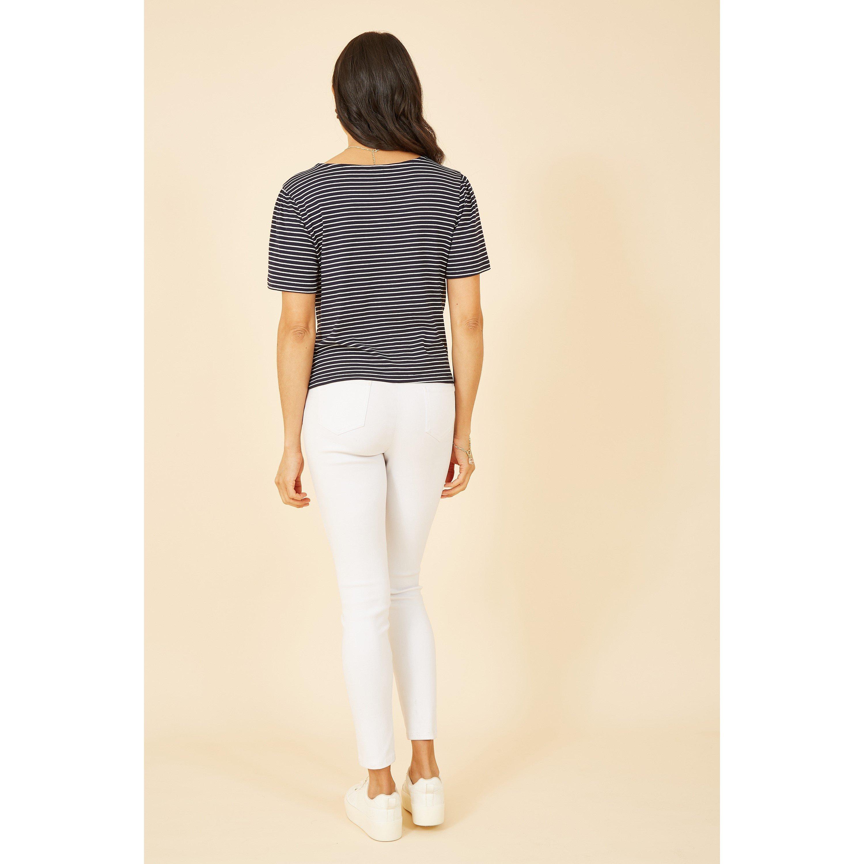 Navy - Yumi - Navy Striped Jersey Button Detail Top - 3