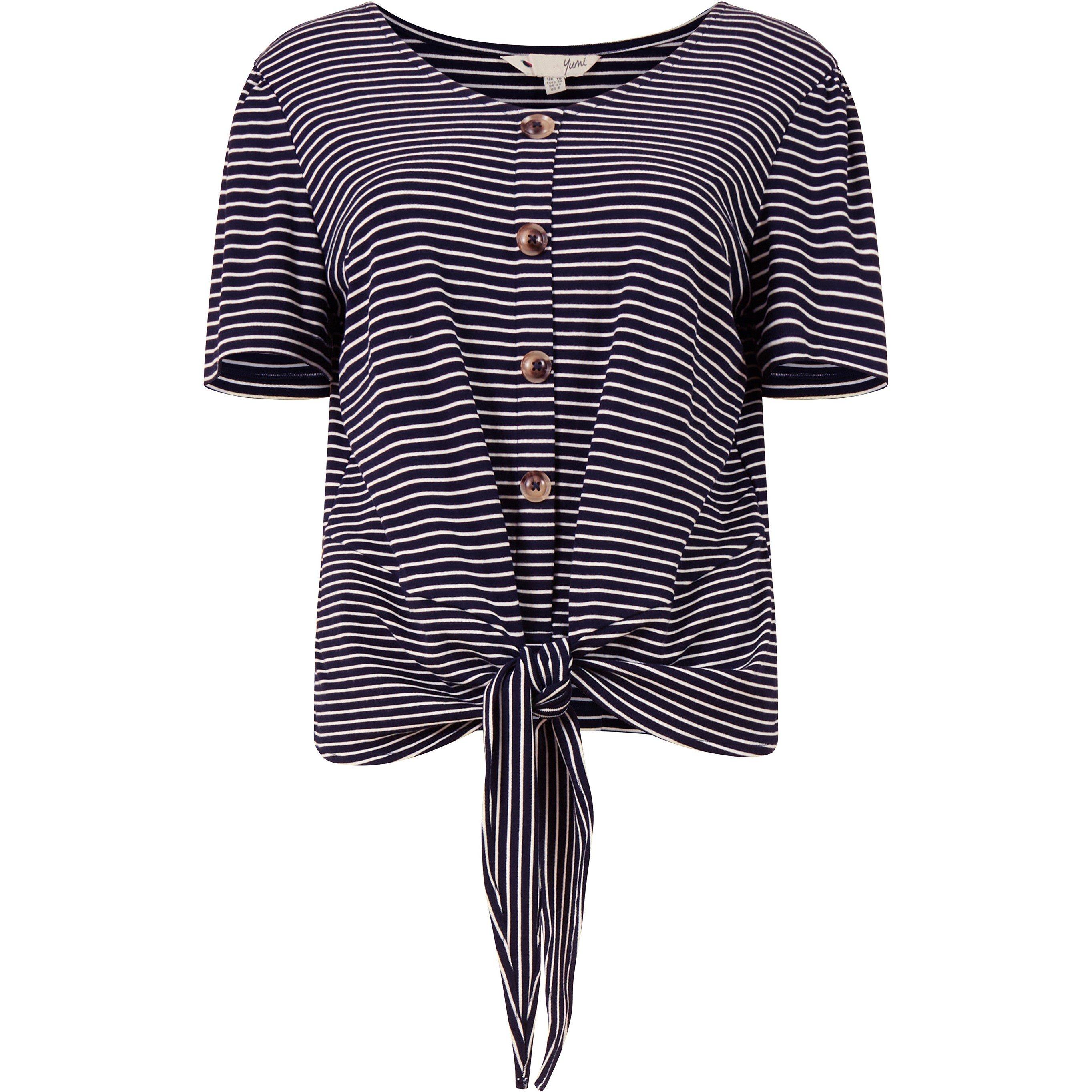 Navy - Yumi - Navy Striped Jersey Button Detail Top - 4