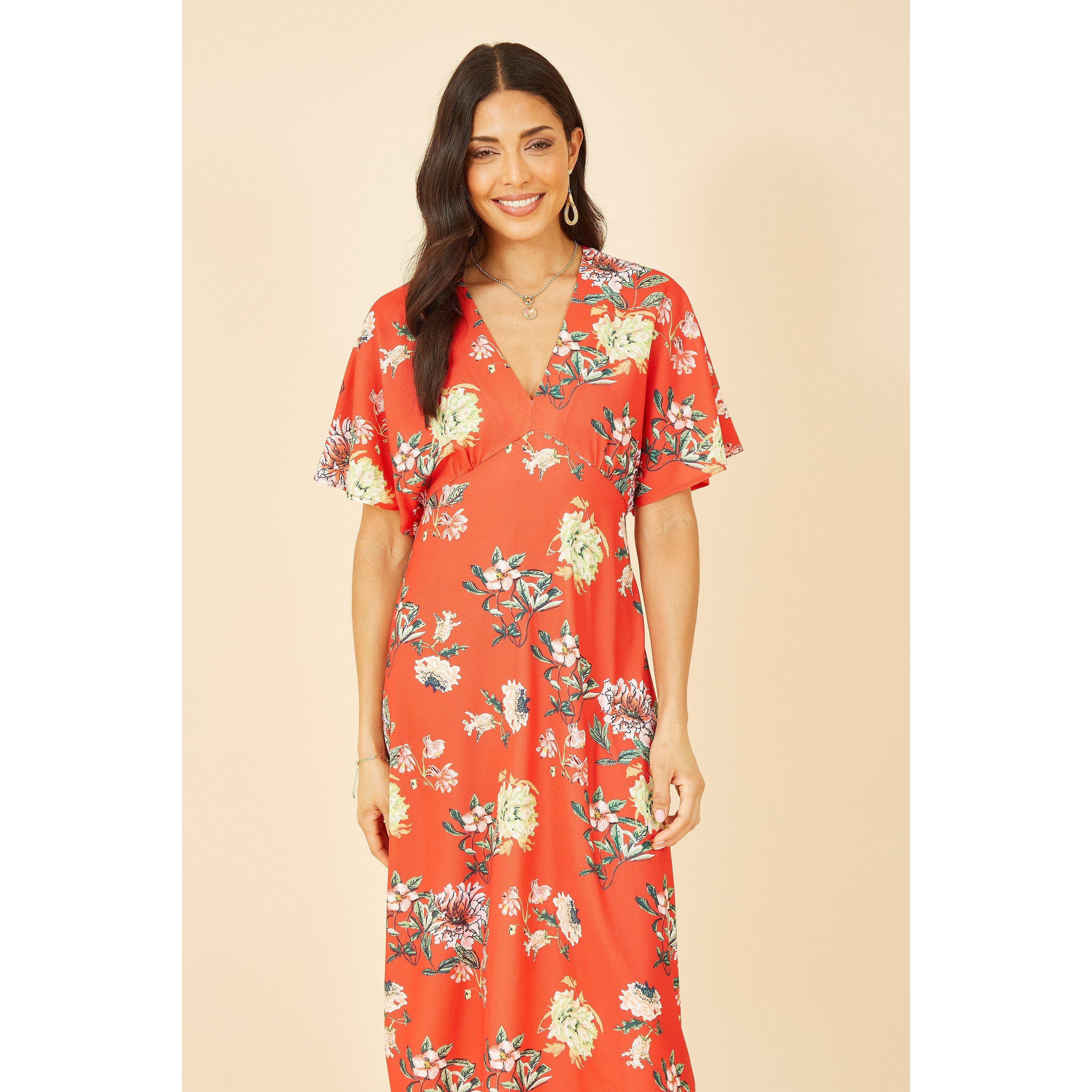 Red - Yumi - Women's Red Floral Kimono Midi A-Line Dress - 2
