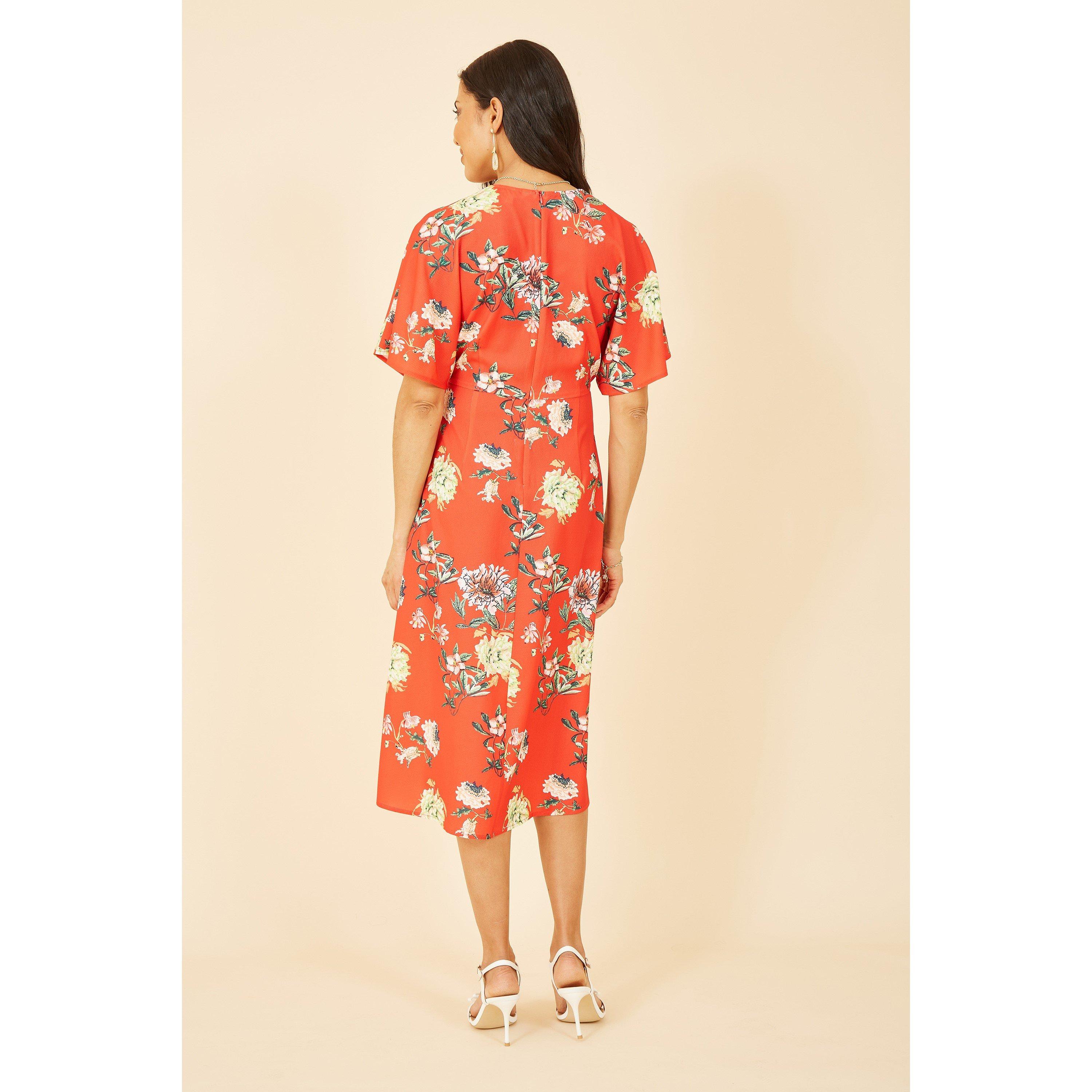 Red - Yumi - Women's Red Floral Kimono Midi A-Line Dress - 3