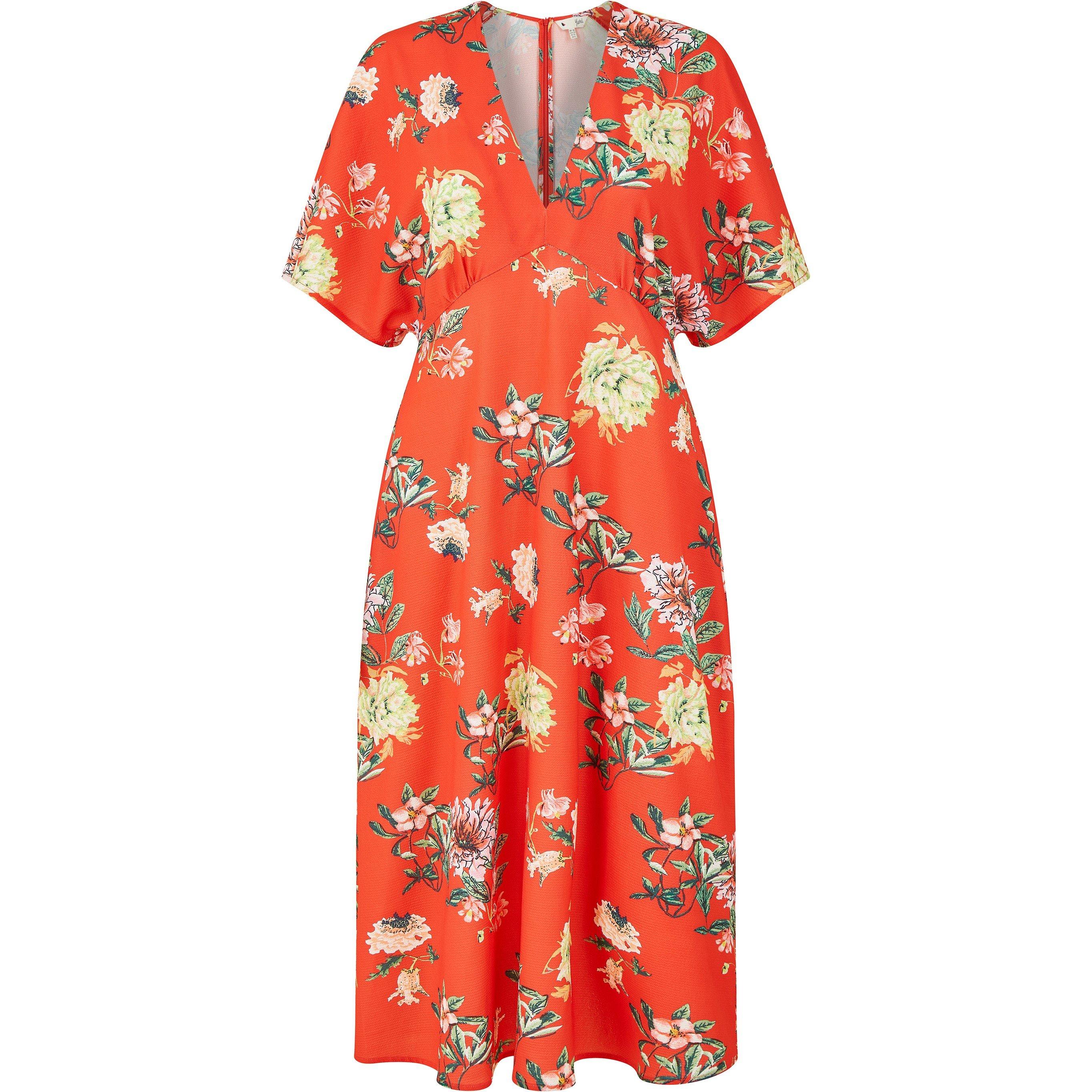 Red - Yumi - Women's Red Floral Kimono Midi A-Line Dress - 4