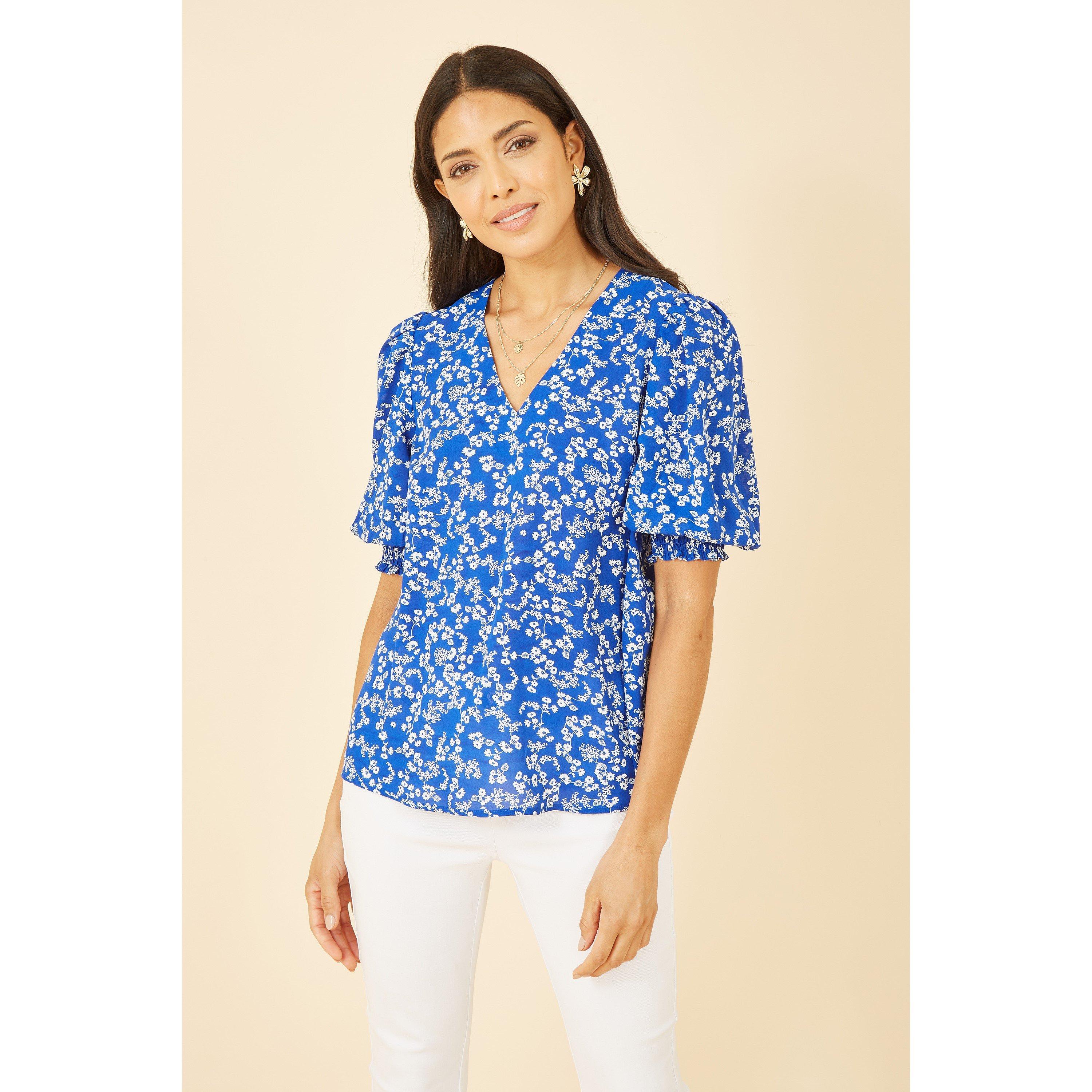 Yumi Women's Ditsy Print Puff Sleeve Top Blue - 8