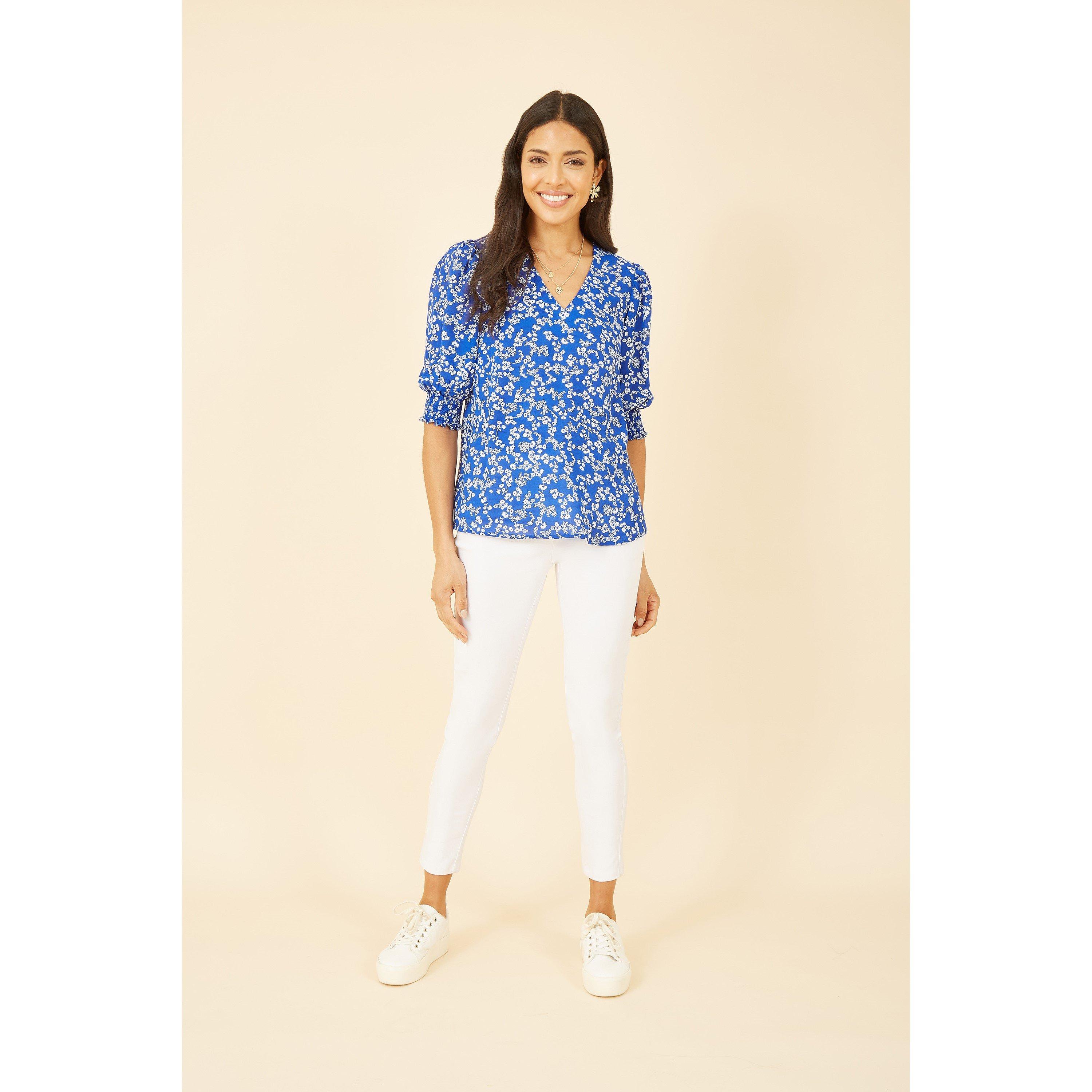 Blue - Yumi - Blue Ditsy Print Puff Sleeve Top - 3