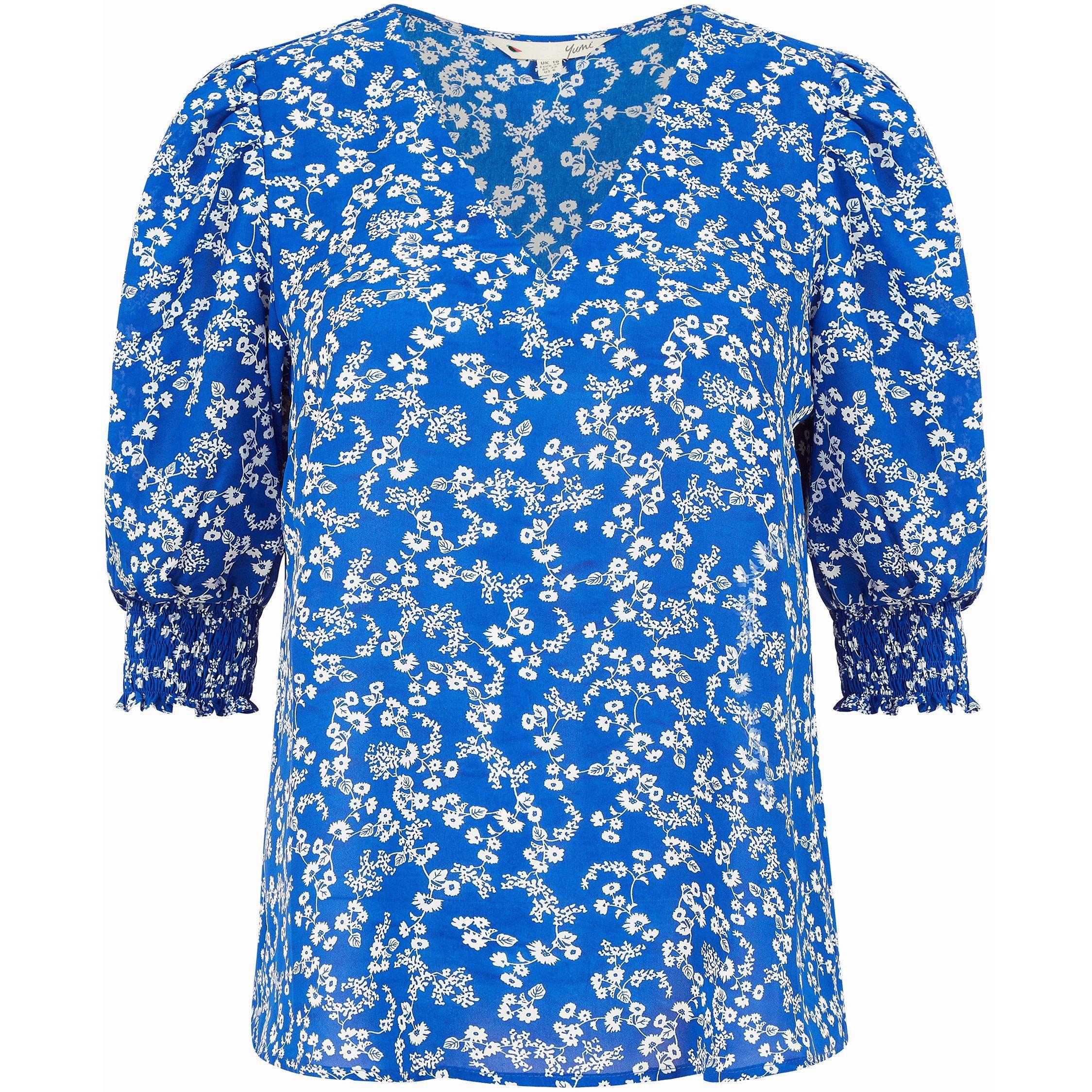 Blue - Yumi - Blue Ditsy Print Puff Sleeve Top - 5