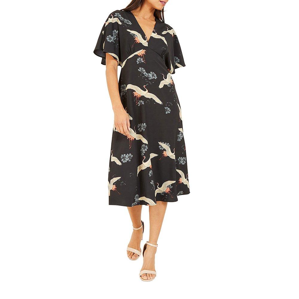 Black - Yumi - Black Crane Print Kimono Midi Dress - 1