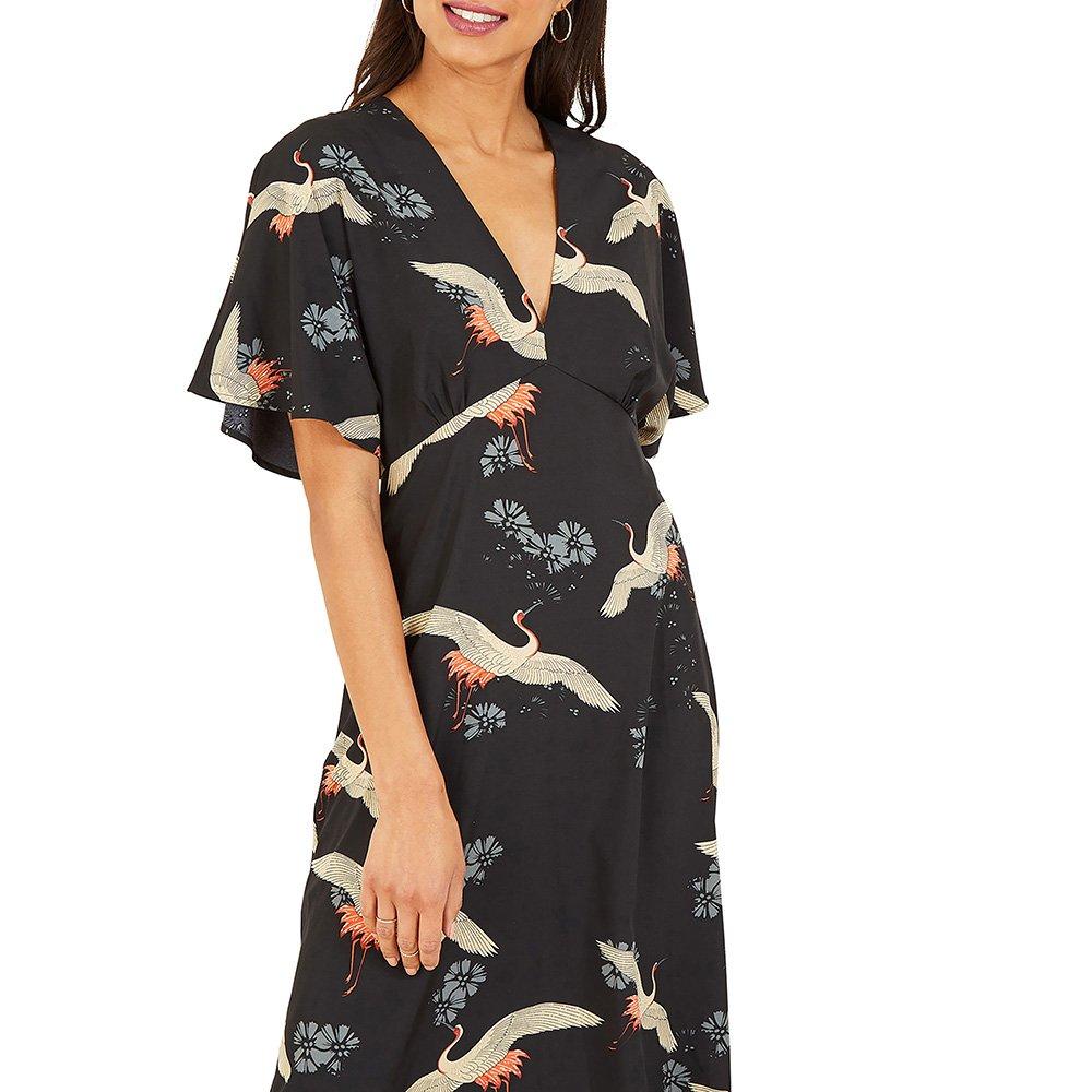 Black - Yumi - Black Crane Print Kimono Midi Dress - 2