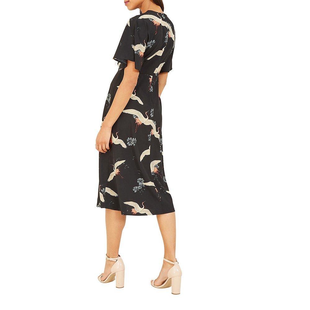 Black - Yumi - Black Crane Print Kimono Midi Dress - 3