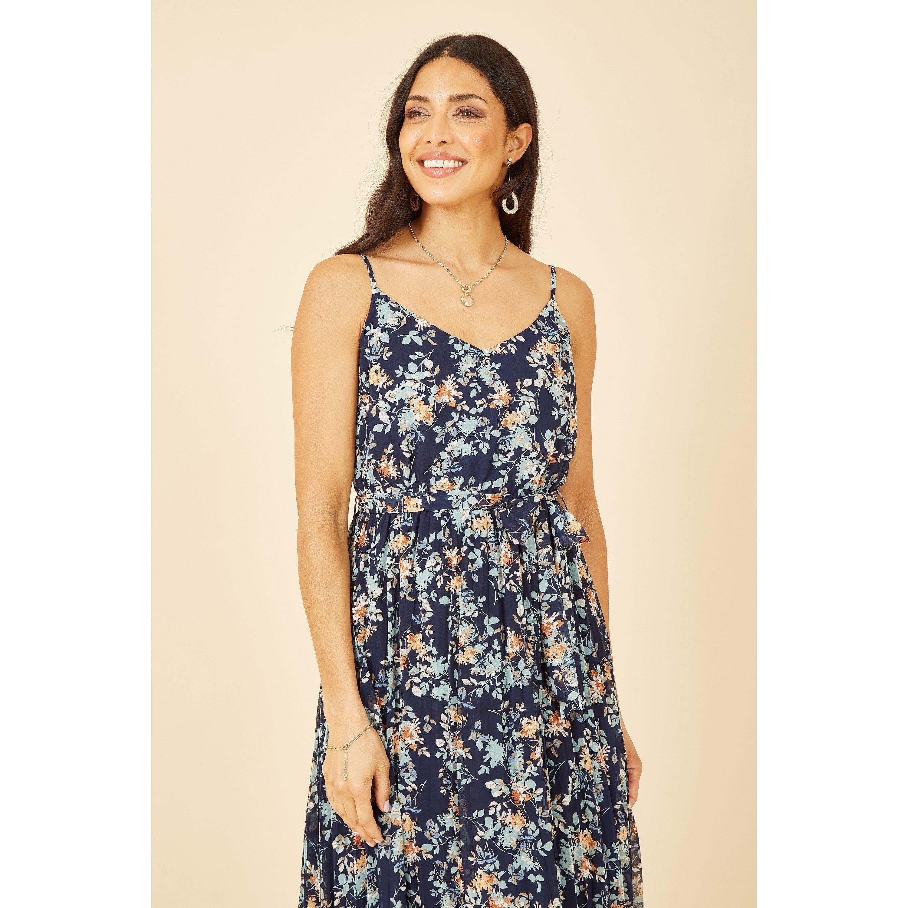 Navy - Mela London - Navy Floral Strappy Pleated Midi Dress - 2