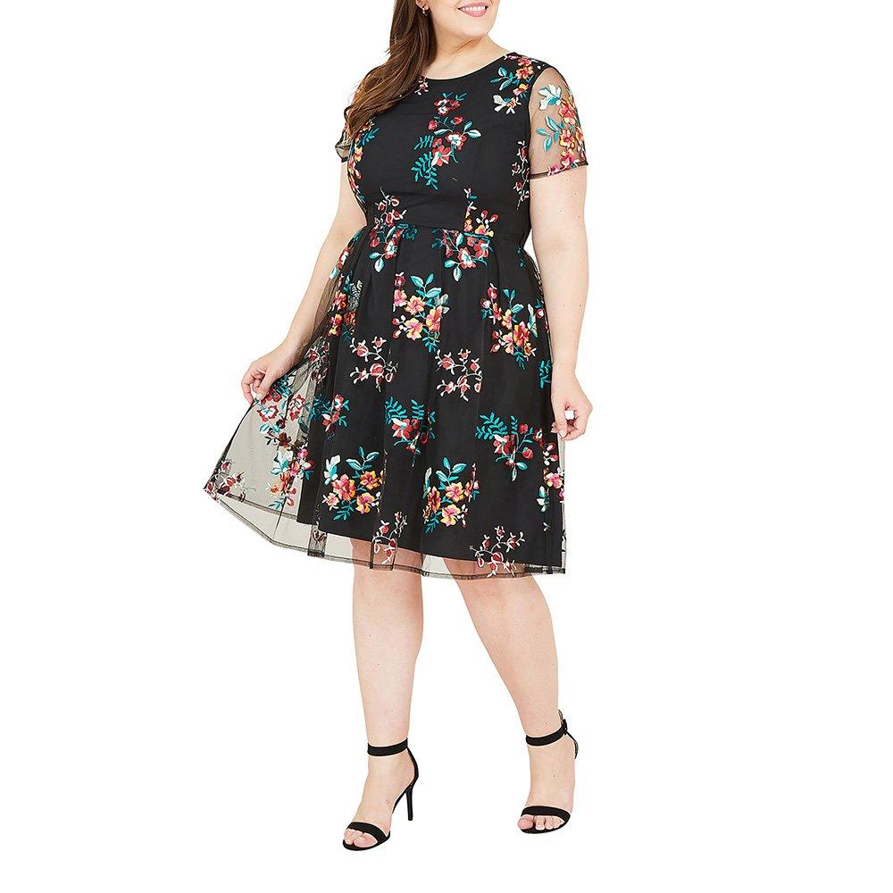 Yumi Black Embroidered Floral Skater Dress