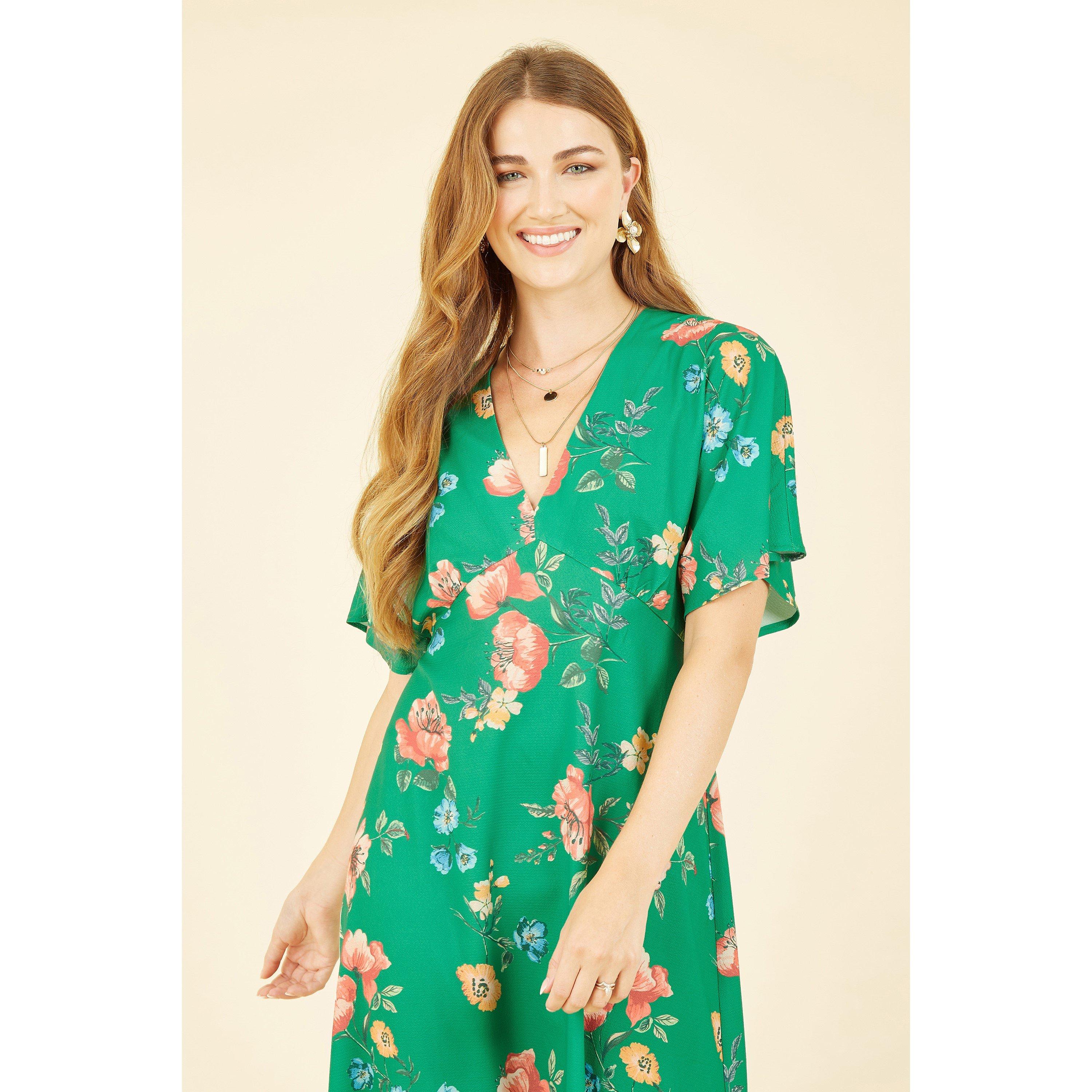 Green - Yumi - Green Floral Kimono Midi Dress - 2