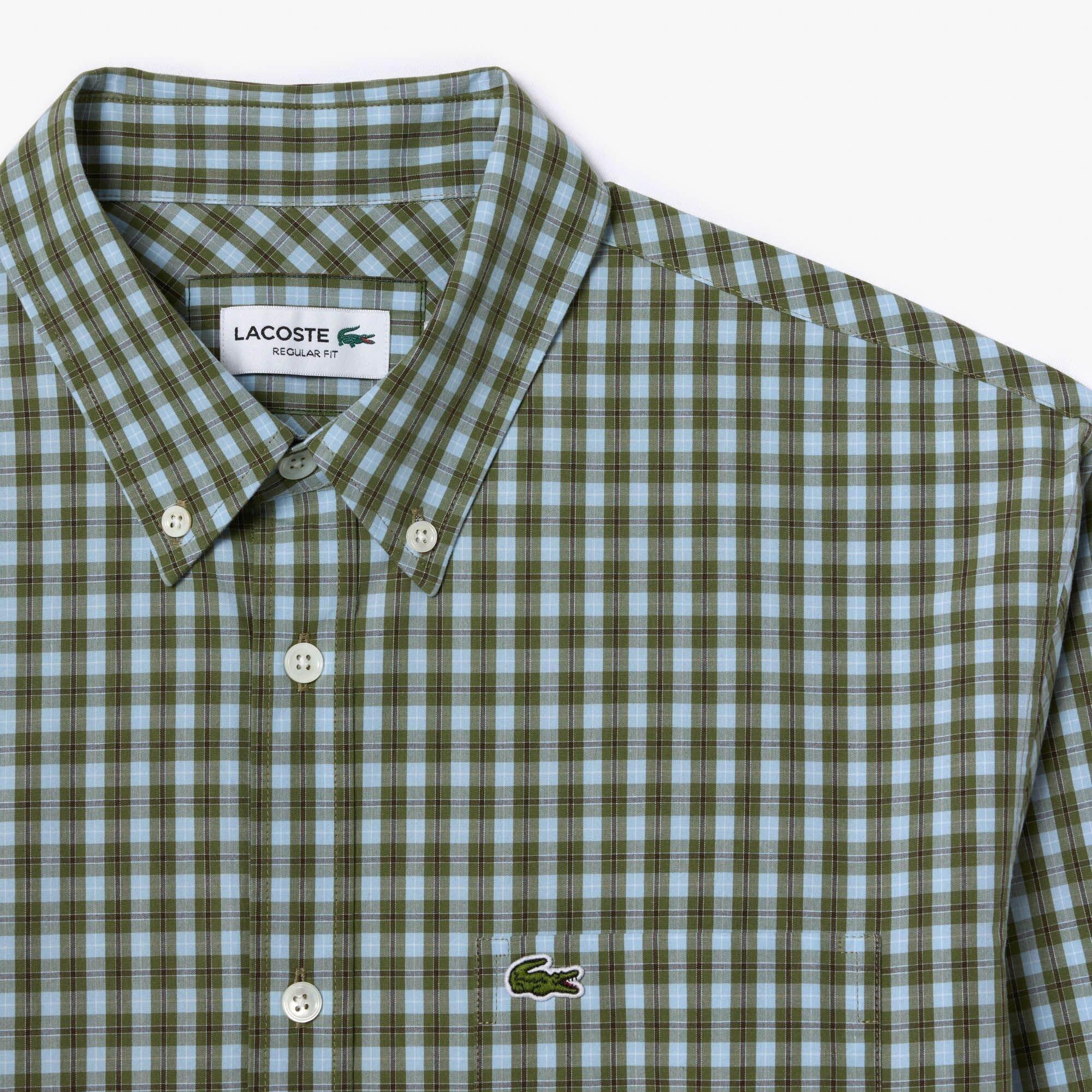Khaki - Lacoste - Regular-Fit Plaid Poplin Shirt - 4