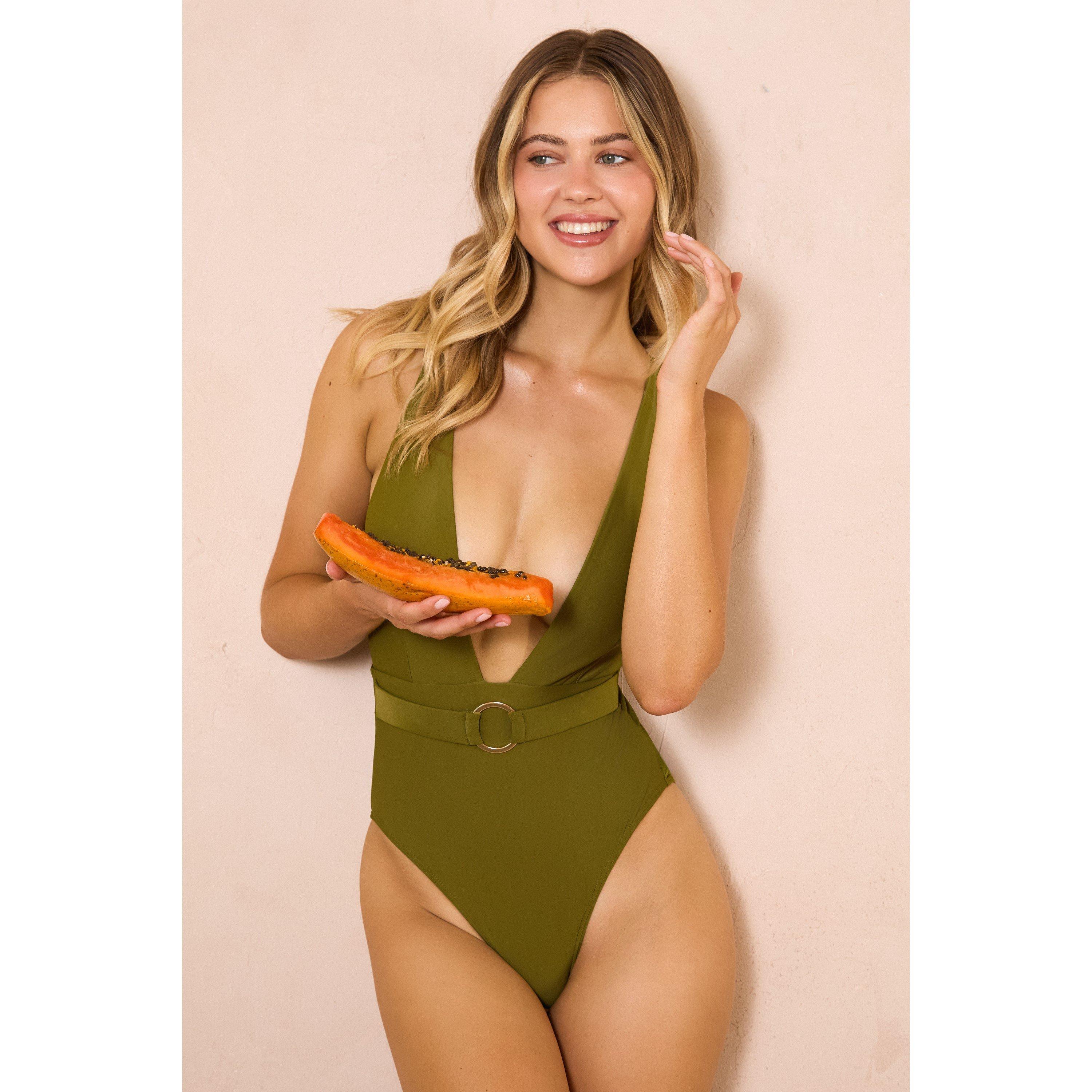 Khaki - Wolf and Whistle - Kalahari Khaki Plunge Swimsuit - 4