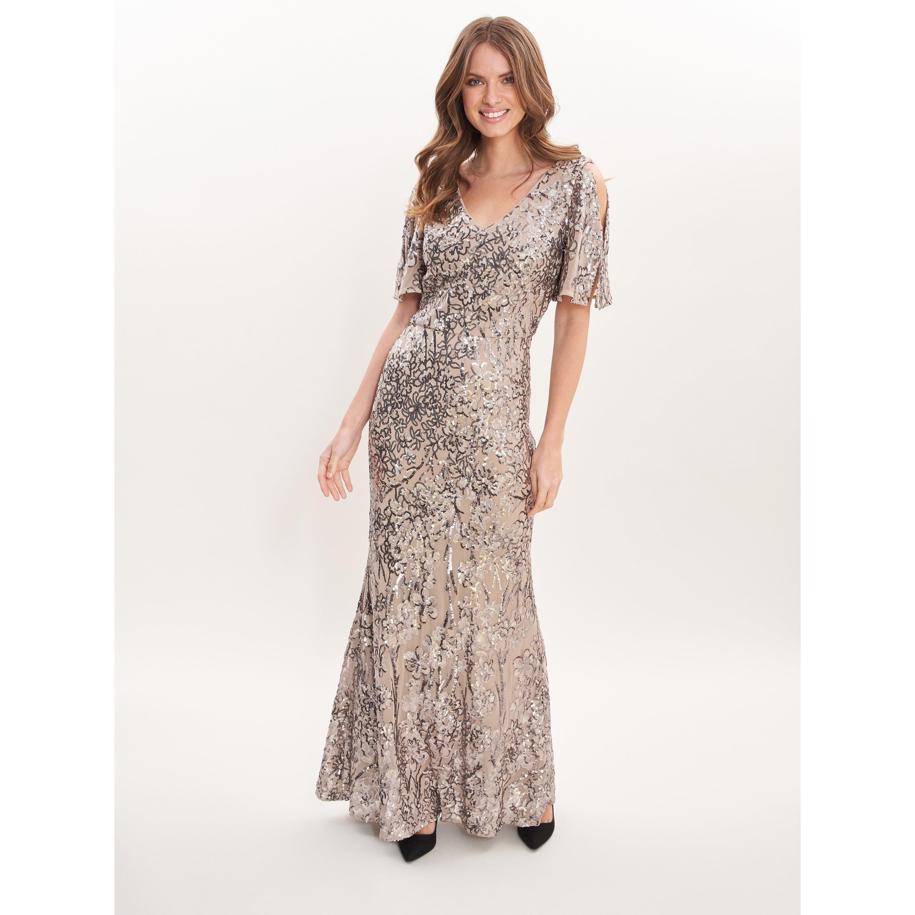 Mink - Gina Bacconi - Jeselle Long V-Neck A-Line Sequin Dress - 3