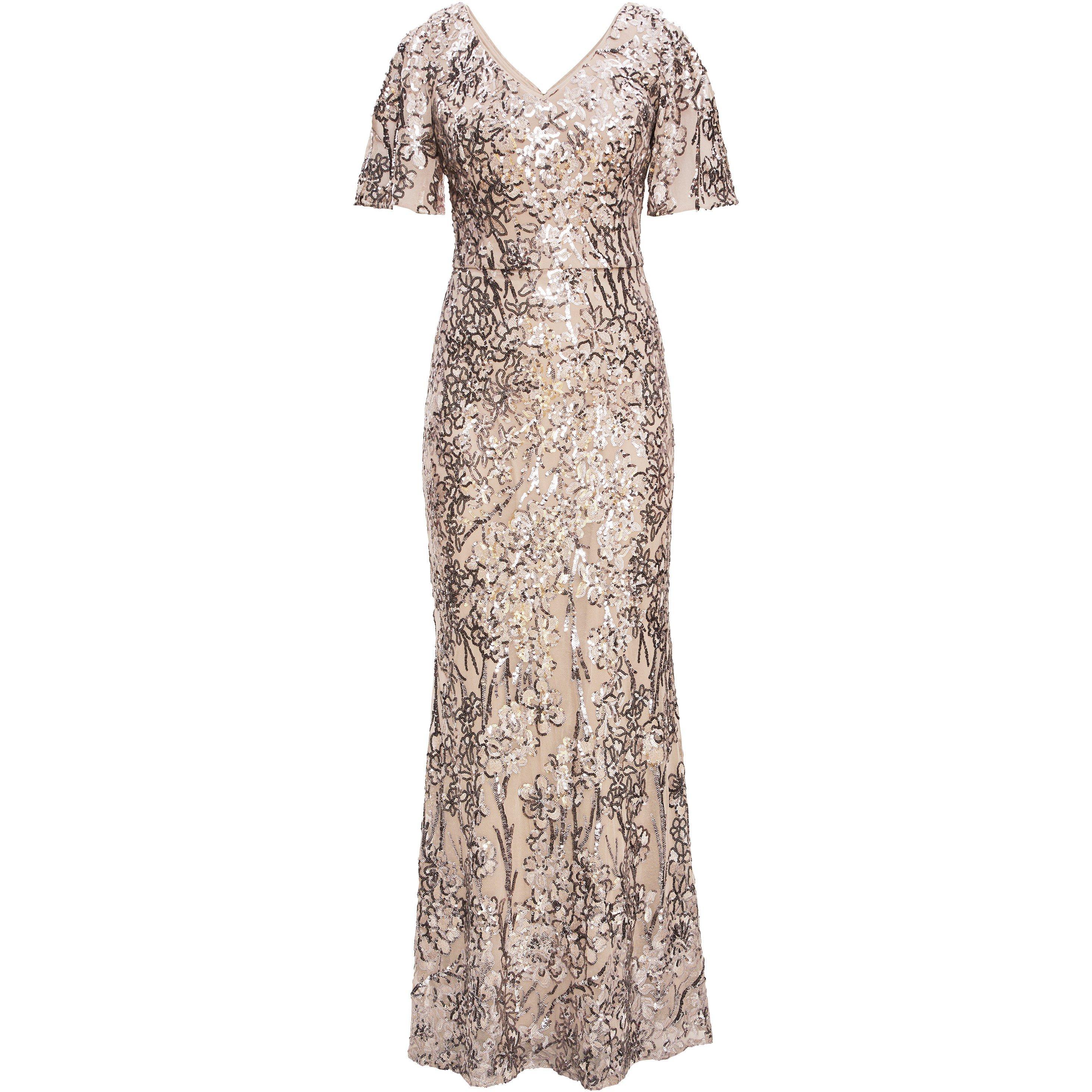 Mink - Gina Bacconi - Jeselle Long V-Neck A-Line Sequin Dress - 4