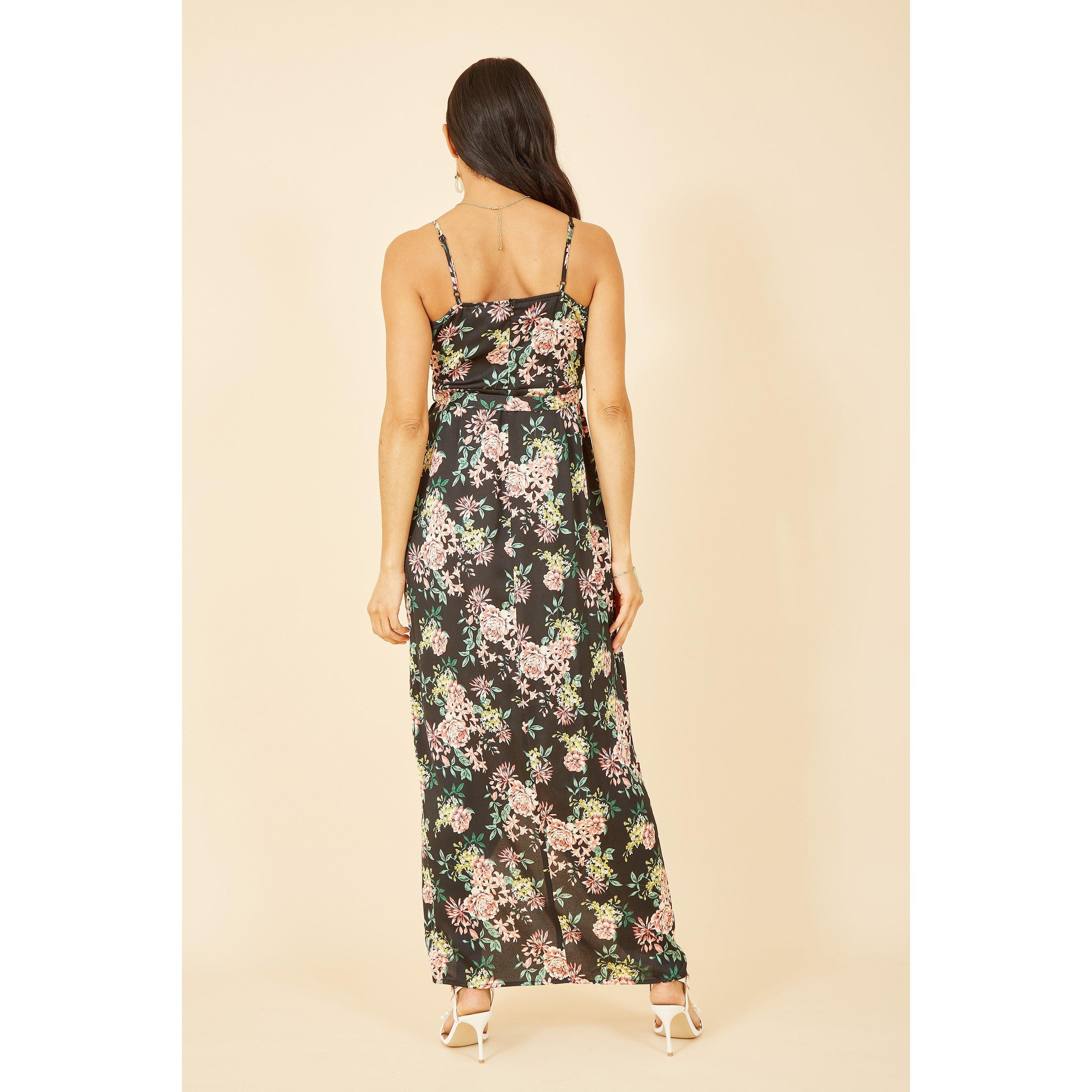 Black - Mela London - Black Satin Floral Wrap Maxi Dress - 3