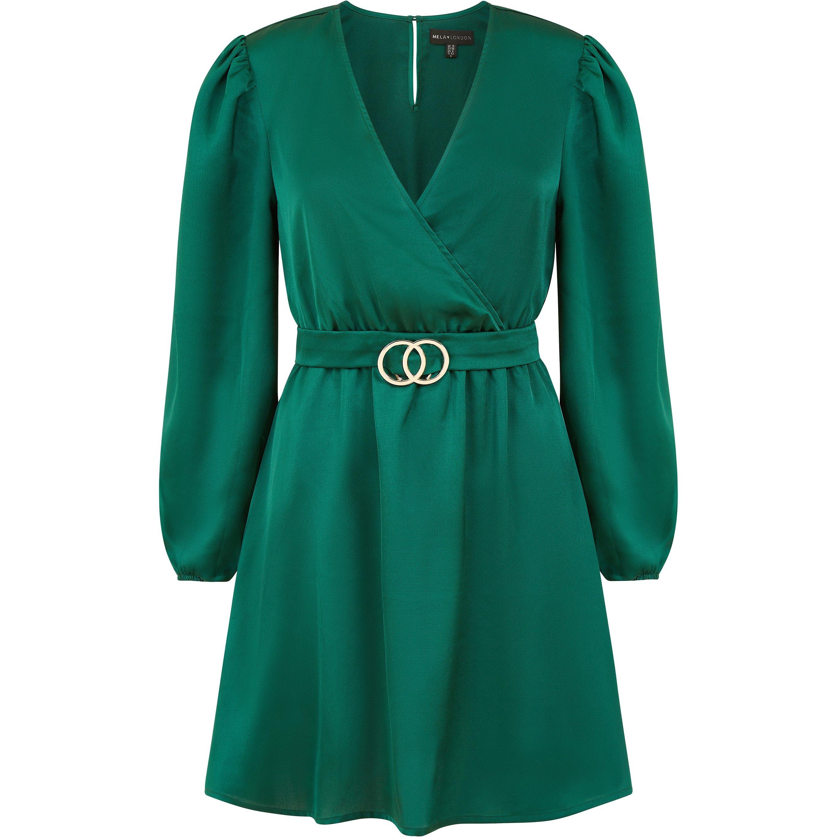 Green - Mela London - Green Satin Wrap Dress With Buckle Waist - 5