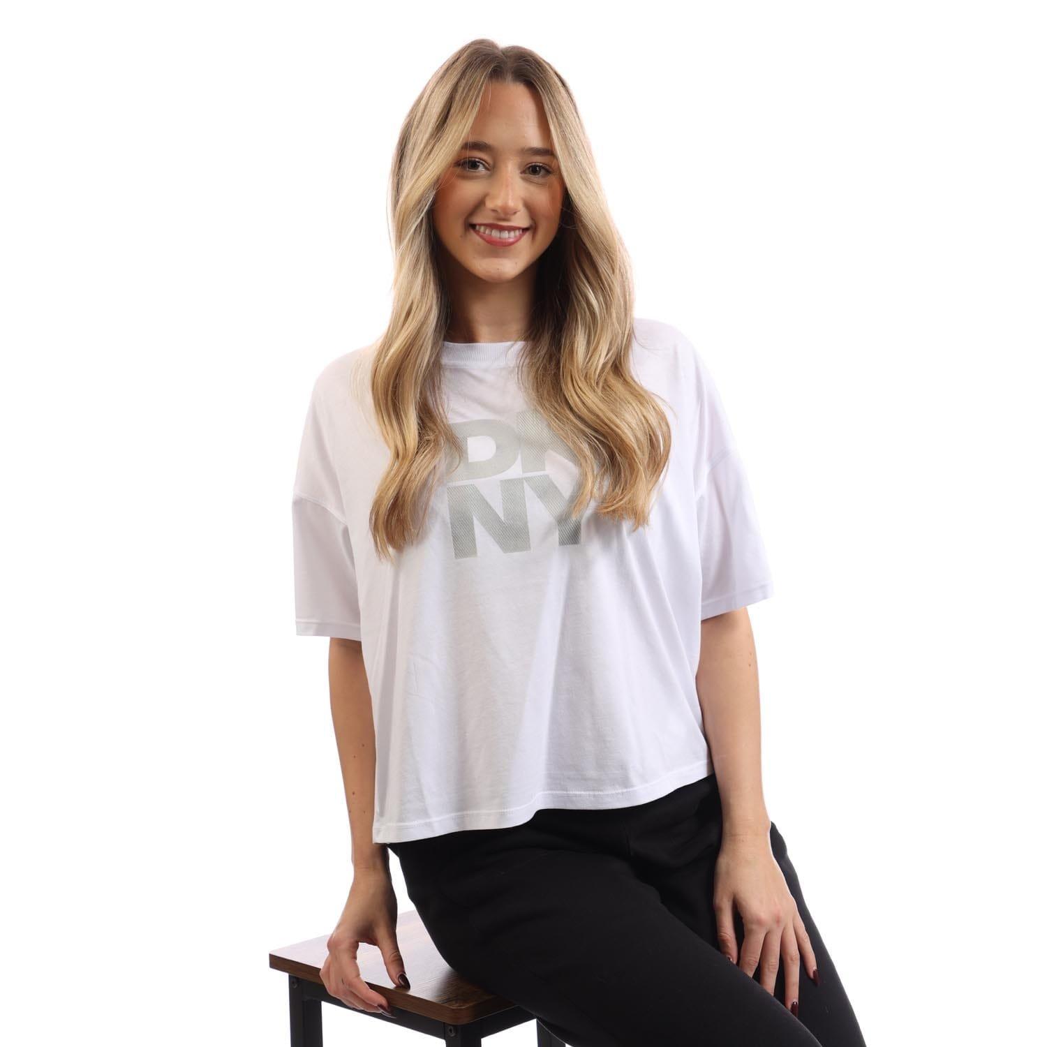 White Silver - DKNY - Foil Logo Cropped T-Shirt - 4