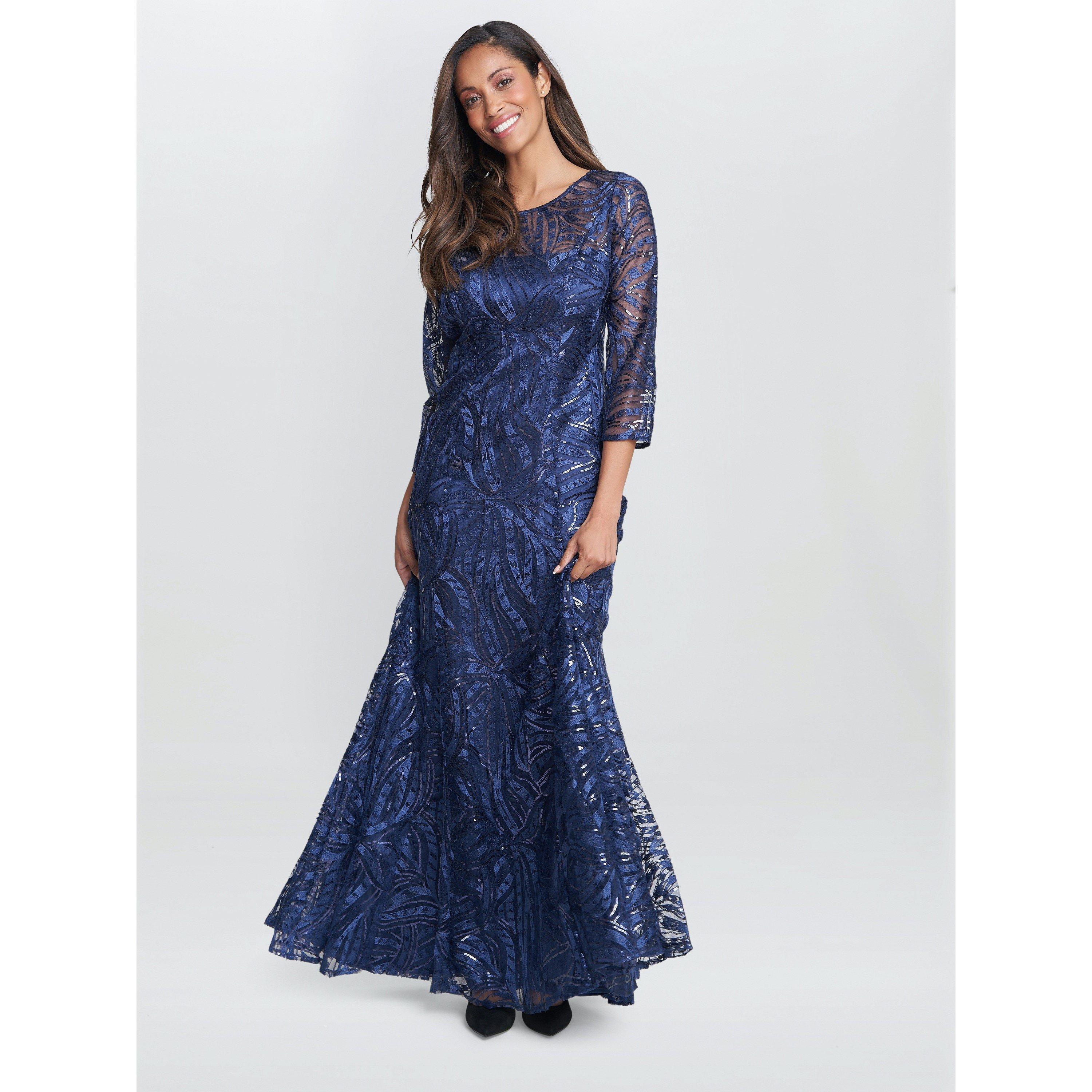 Navy - Gina Bacconi - Women's Isabel Maxi Embroidered Fit and Flare Dress - 3