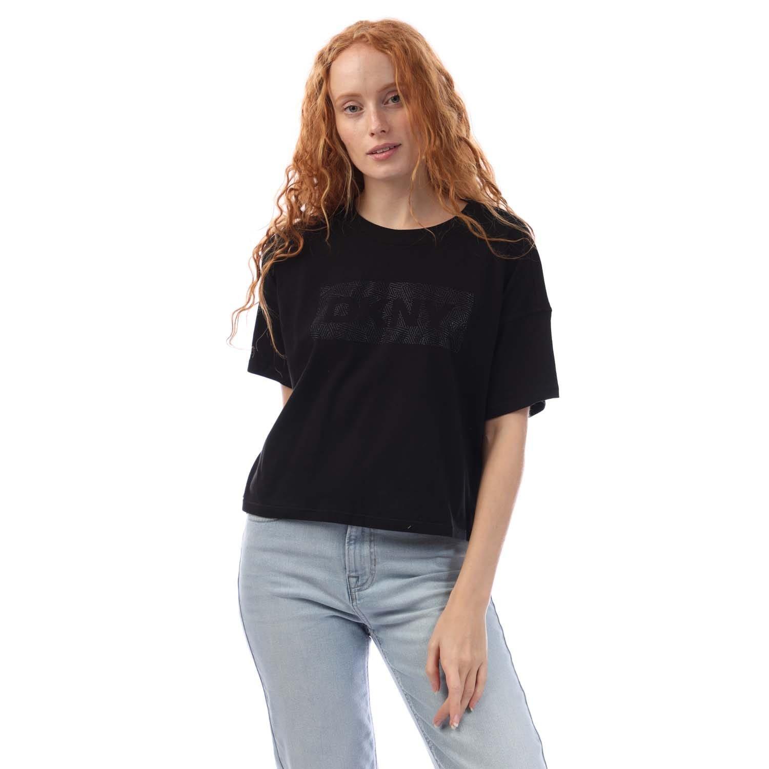 Black - DKNY - Rhinestone Logo Cropped SS T-Shirt - 2