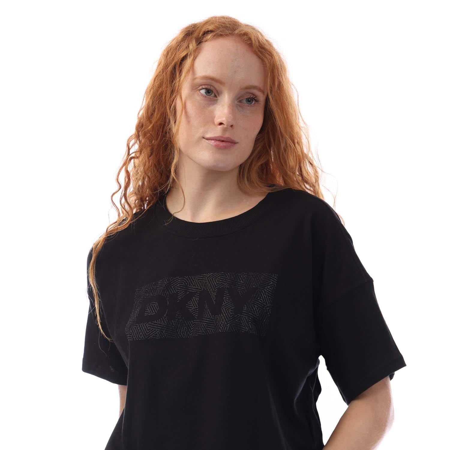 Black - DKNY - Rhinestone Logo Cropped SS T-Shirt - 3