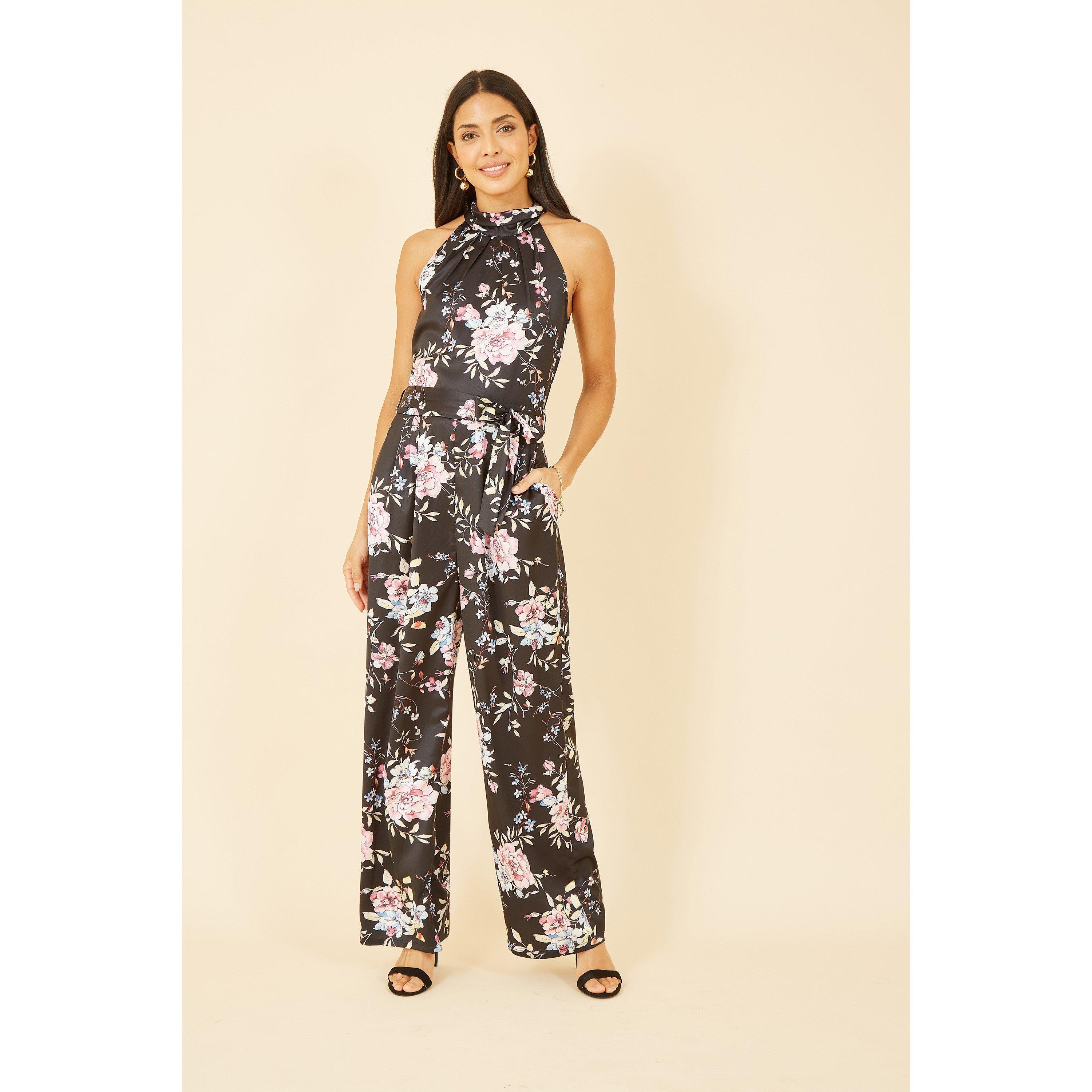 Black - Yumi - Black Floral Satin Halter neck Jumpsuit - 1