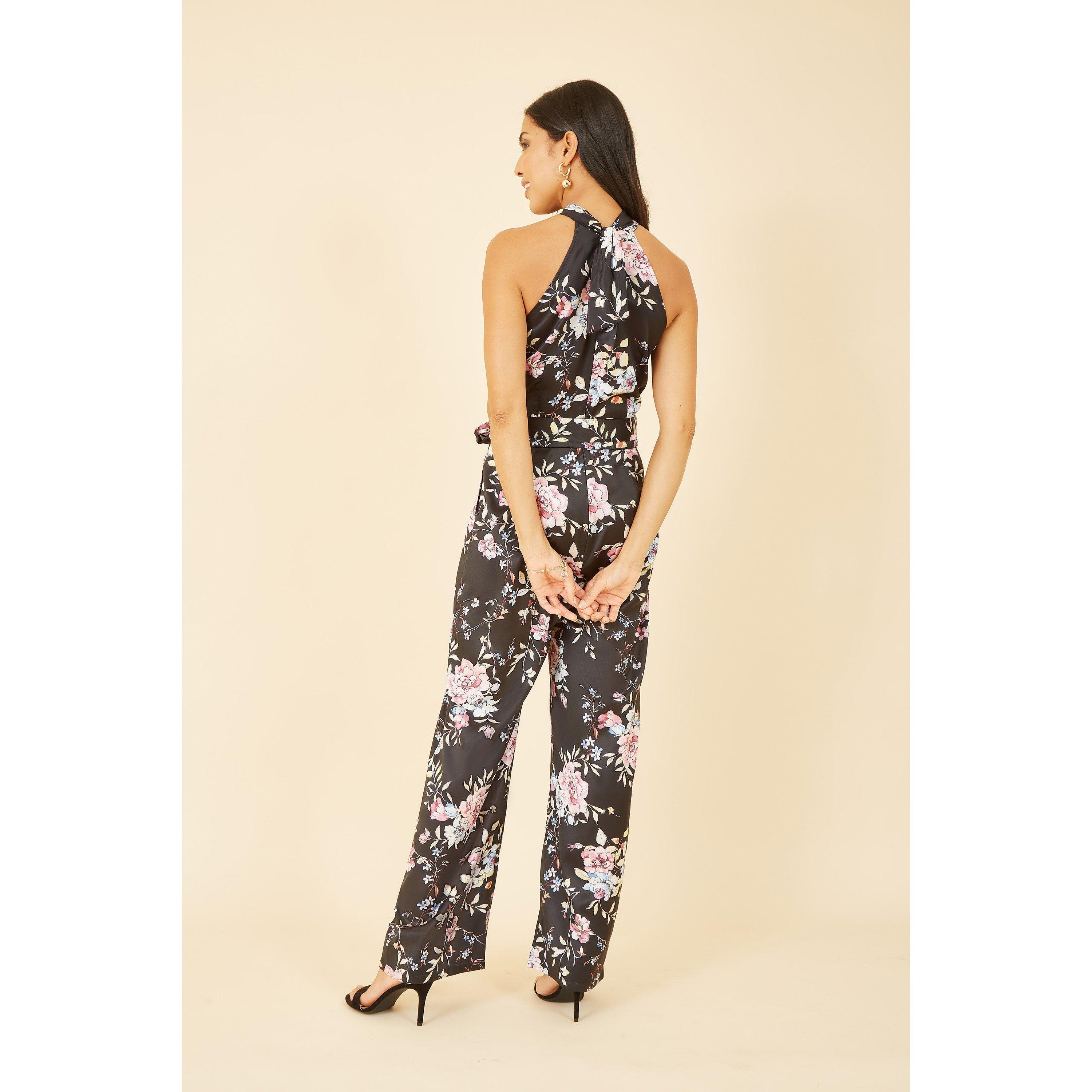 Black - Yumi - Black Floral Satin Halter neck Jumpsuit - 3