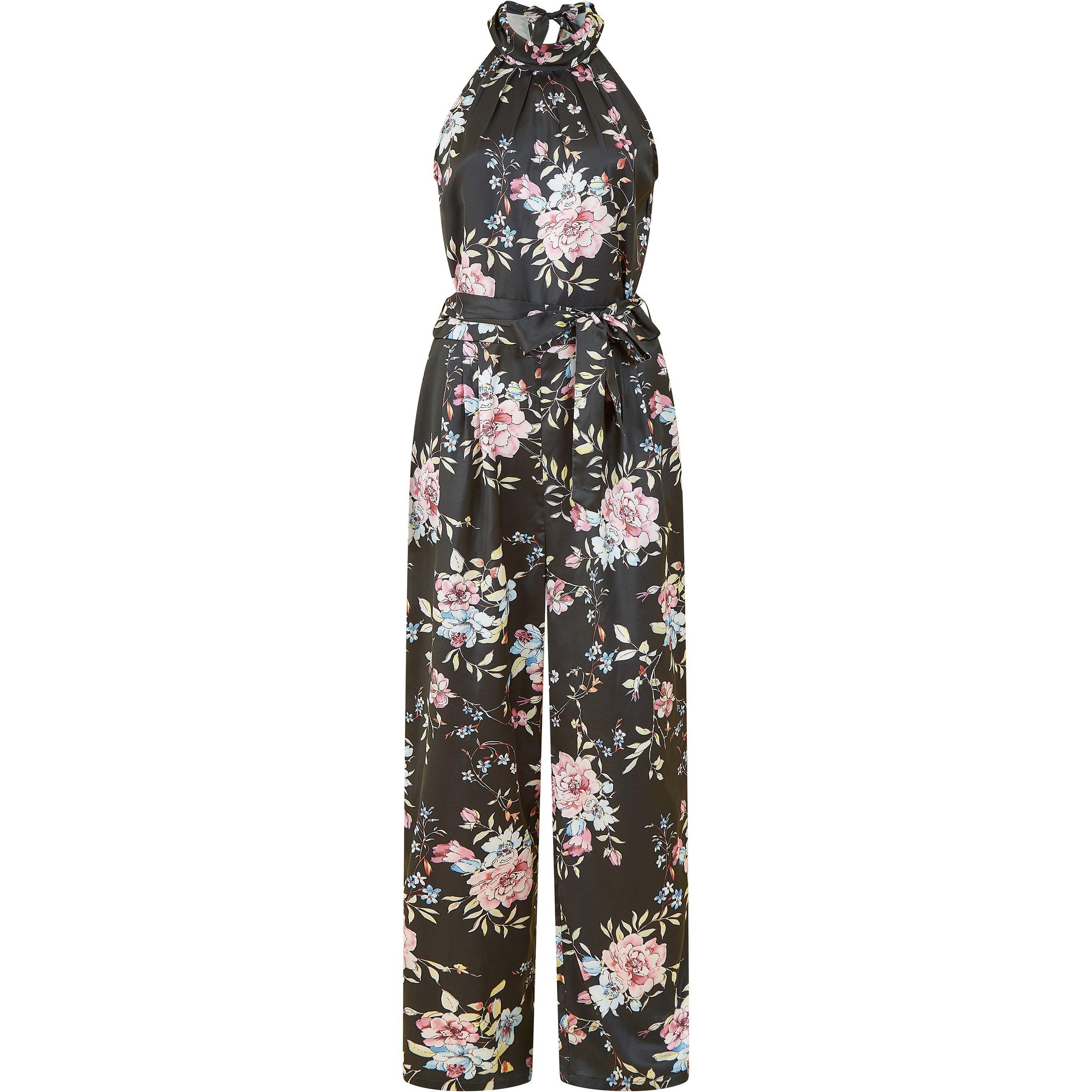 Black - Yumi - Black Floral Satin Halter neck Jumpsuit - 4