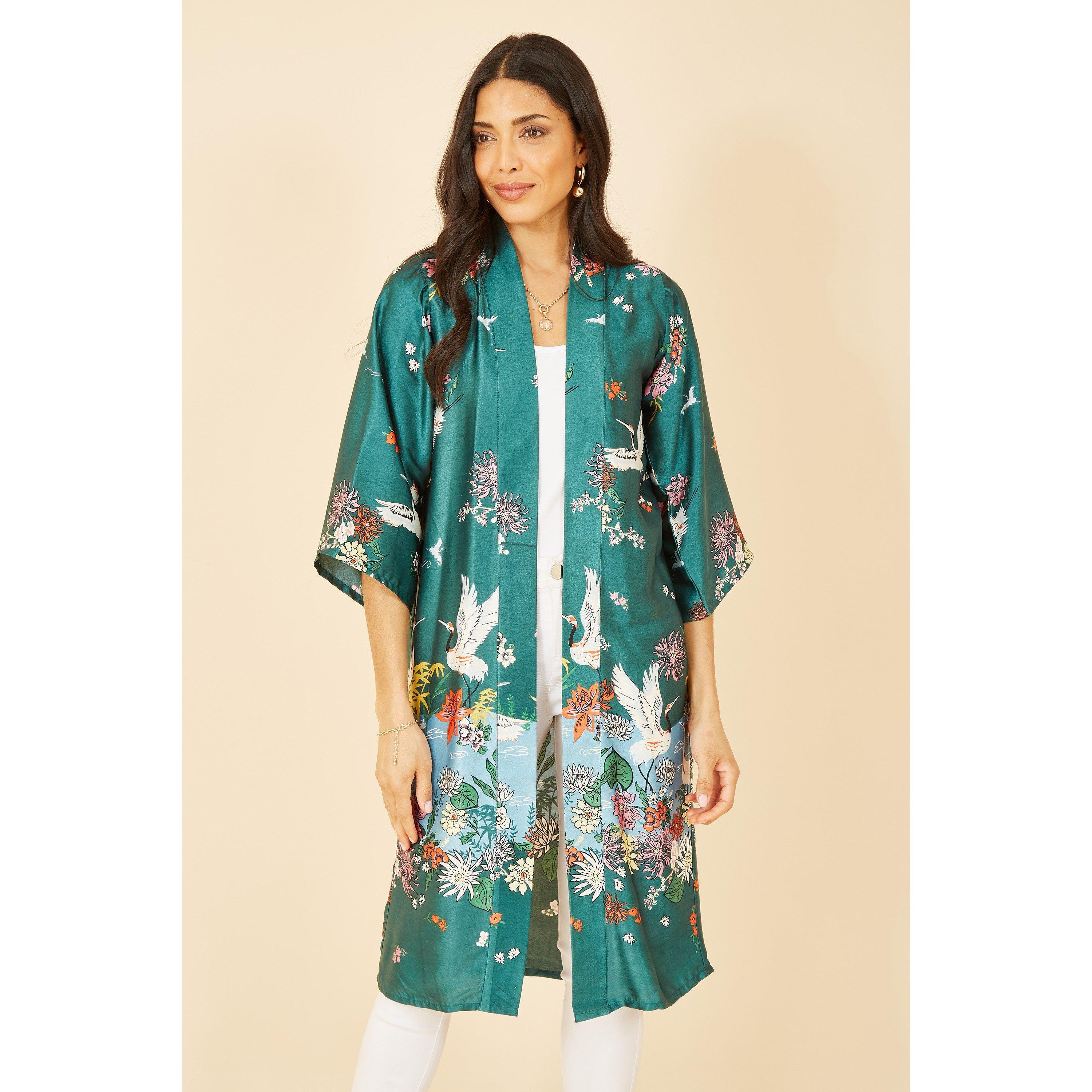 Green - Yumi - Green Satin Crane Border Kimono - 2