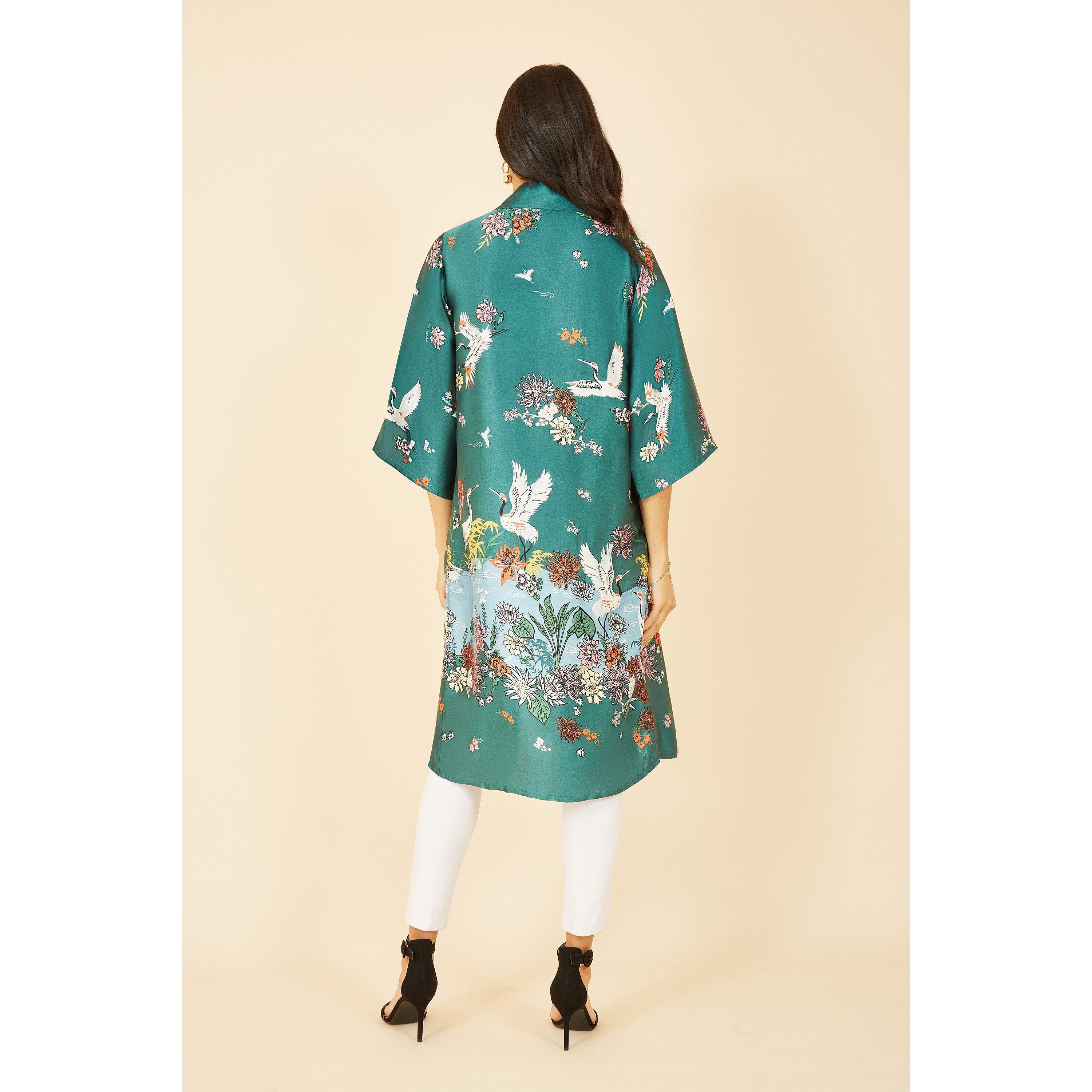Green - Yumi - Green Satin Crane Border Kimono - 3