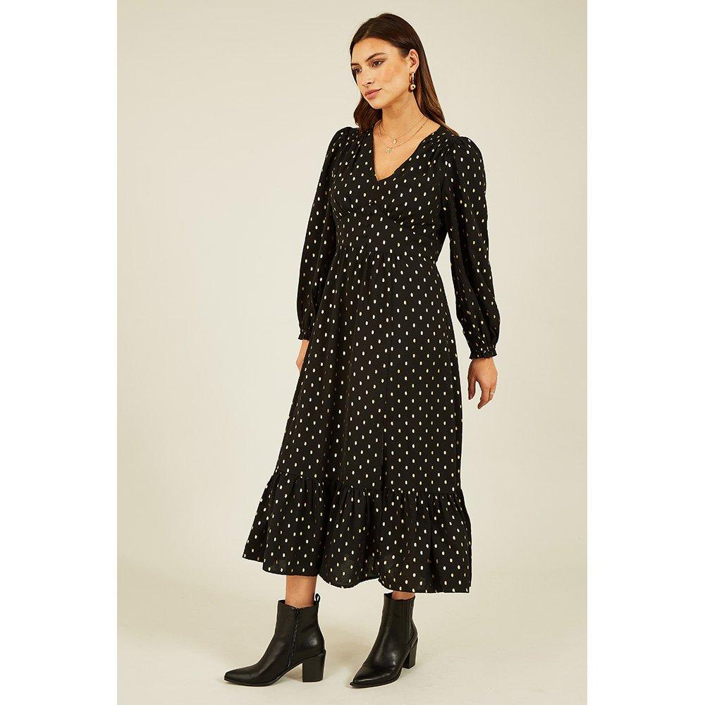 Black - Yumi - Black Foil Print Long Sleeve Midi Dress - 2