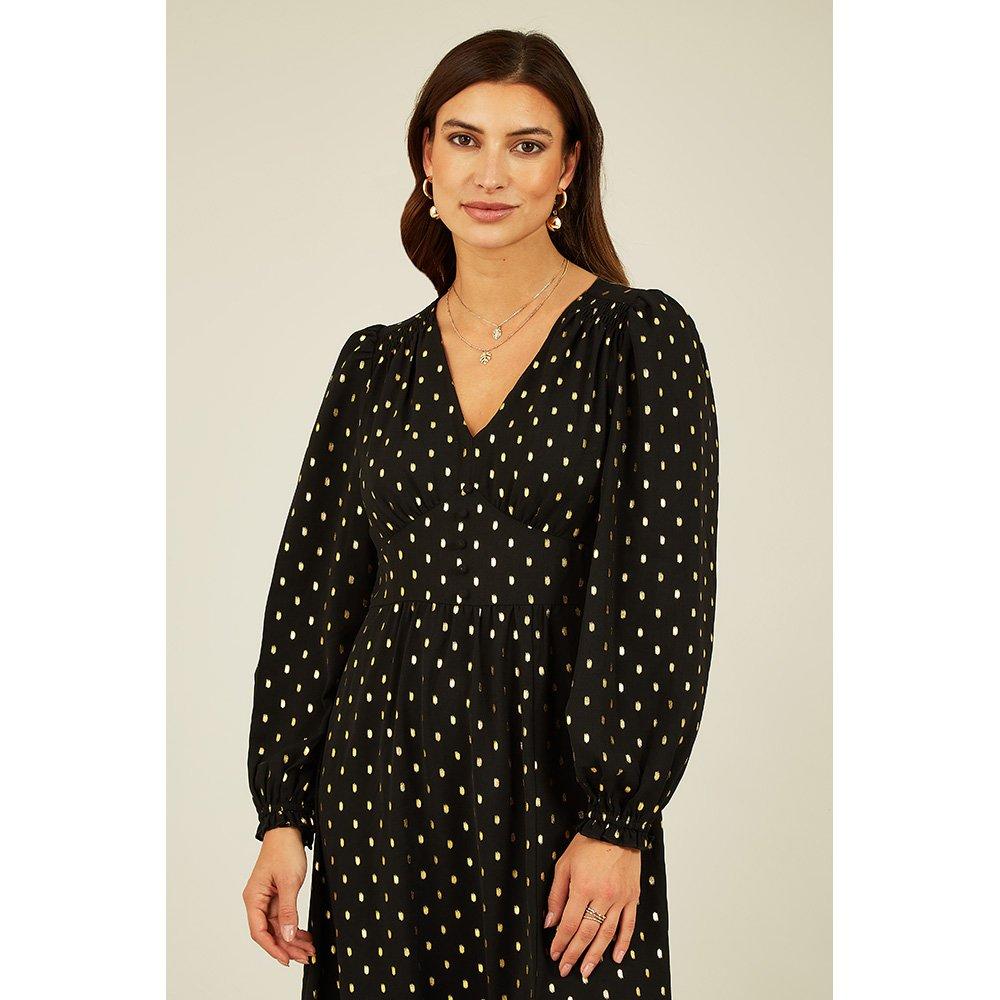Black - Yumi - Black Foil Print Long Sleeve Midi Dress - 3