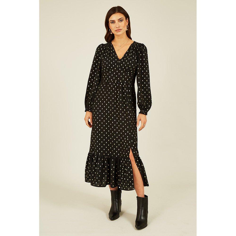 Black - Yumi - Black Foil Print Long Sleeve Midi Dress - 4