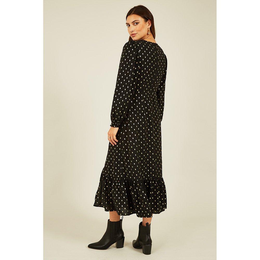 Black - Yumi - Black Foil Print Long Sleeve Midi Dress - 5