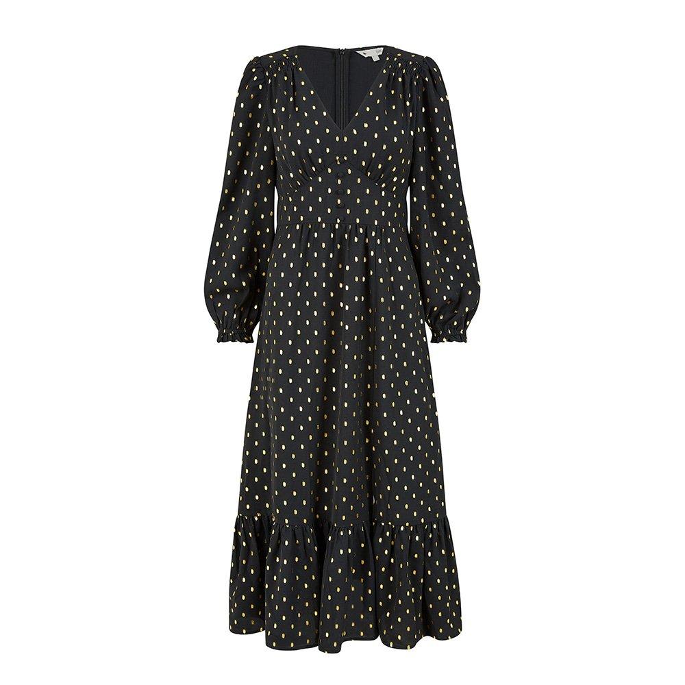 Black - Yumi - Black Foil Print Long Sleeve Midi Dress - 6