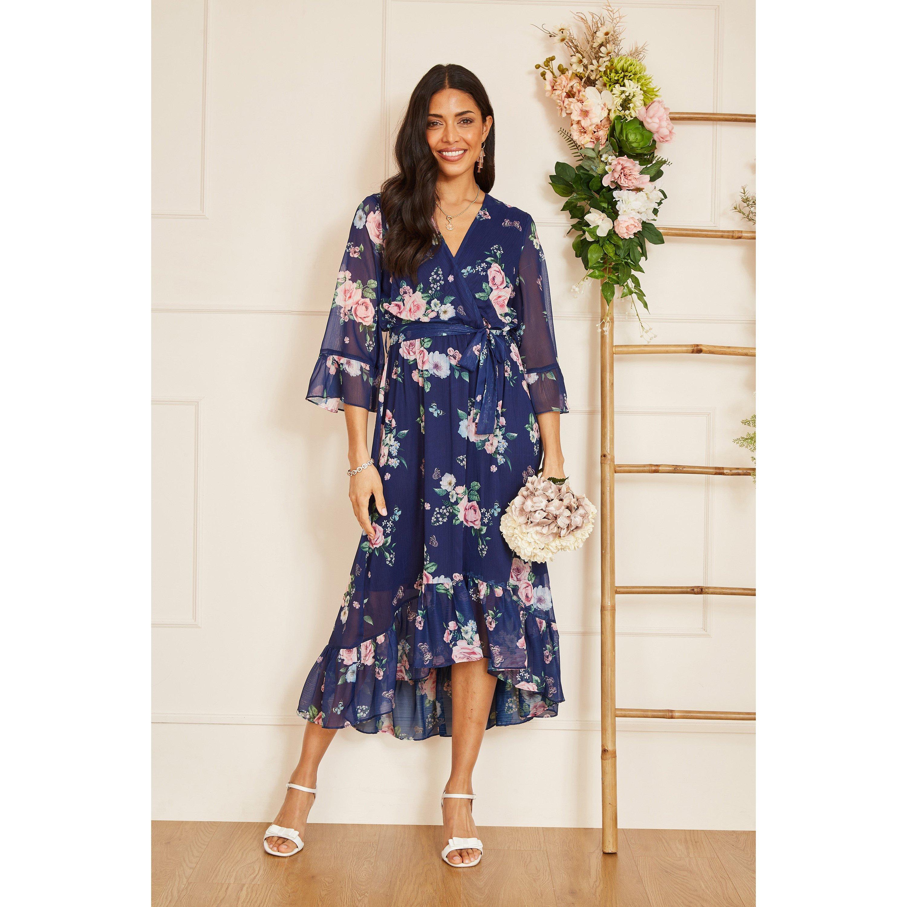 Navy - Yumi - Navy Floral Wrap Dress With Dipped Hem - 2