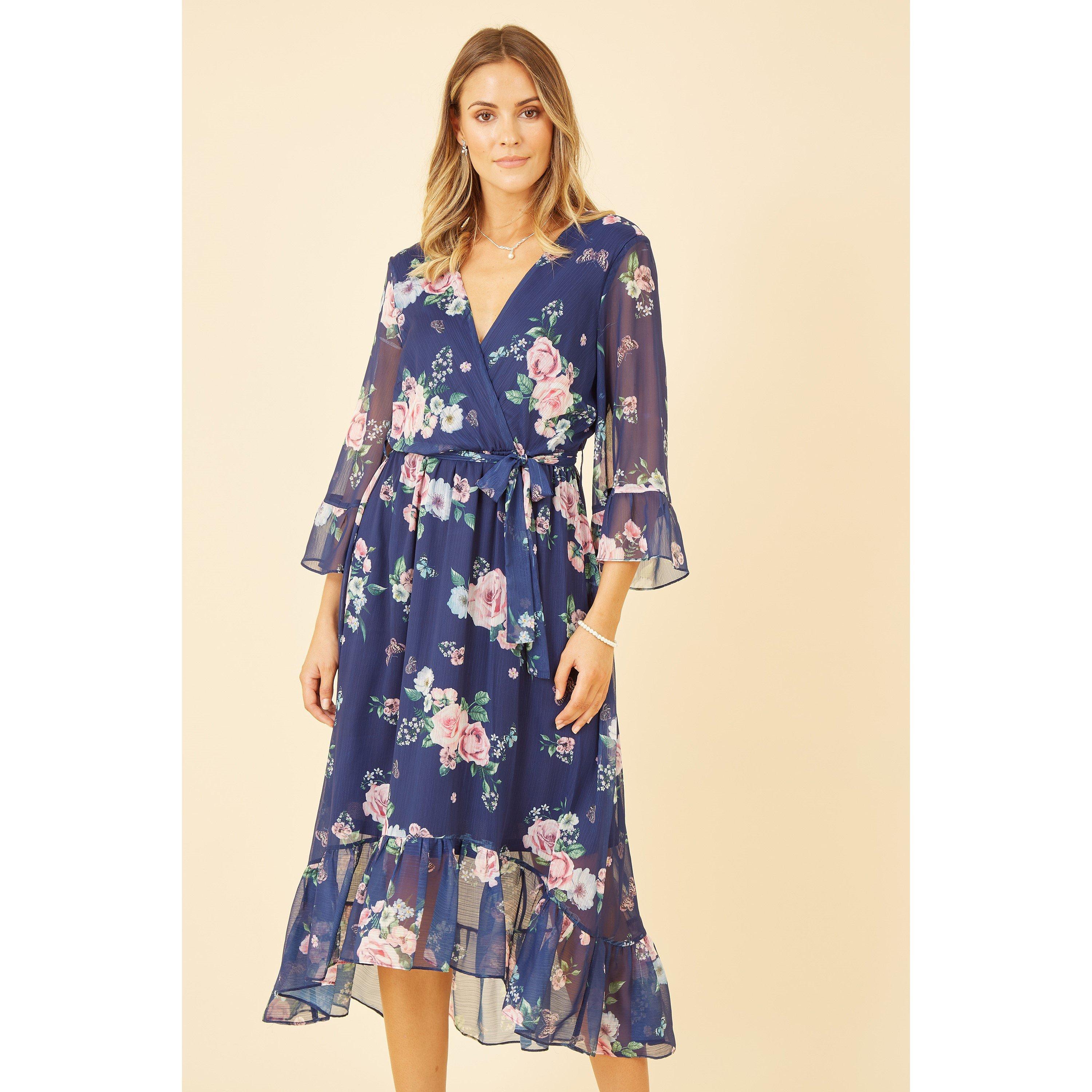 Navy - Yumi - Navy Floral Wrap Dress With Dipped Hem - 3