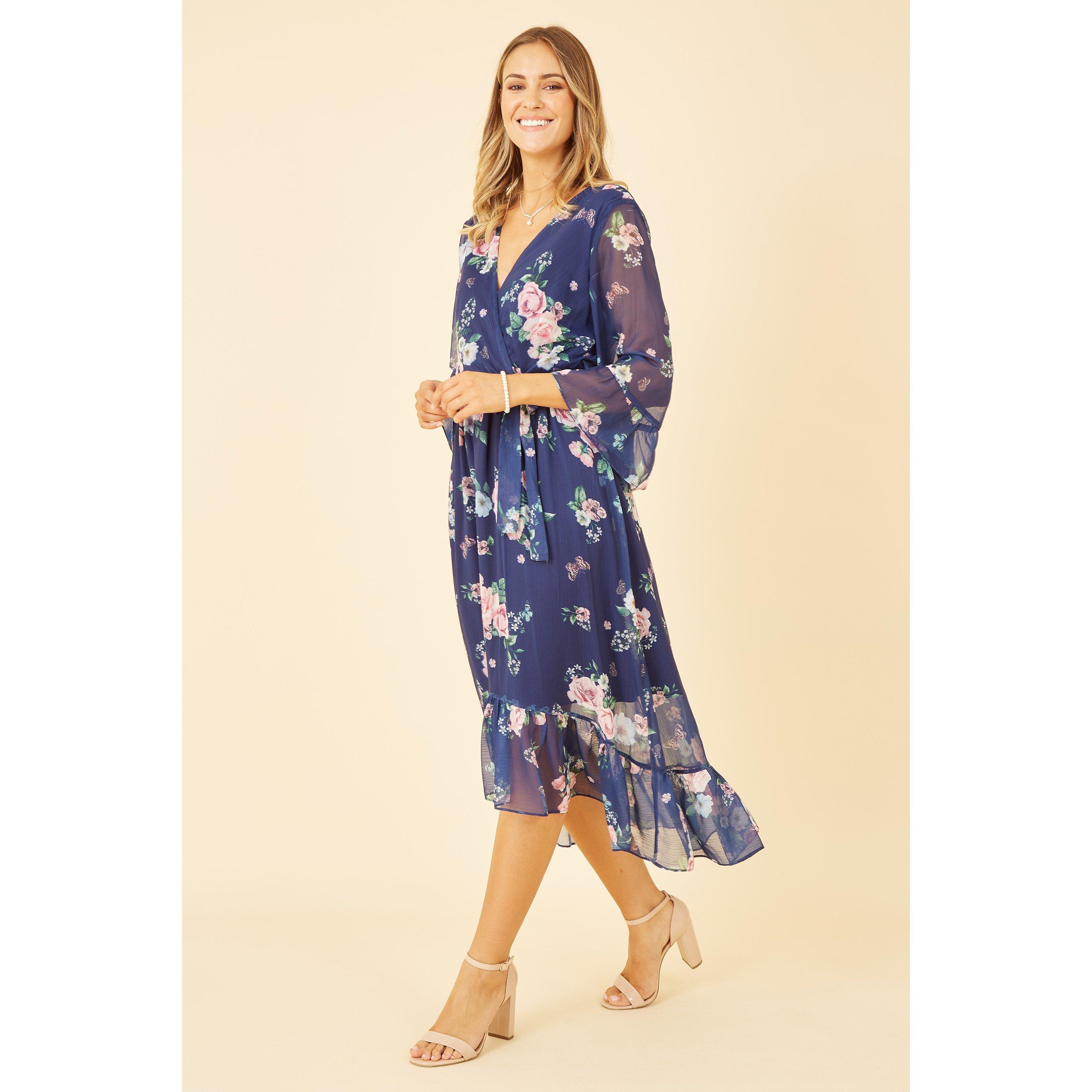 Navy - Yumi - Navy Floral Wrap Dress With Dipped Hem - 4