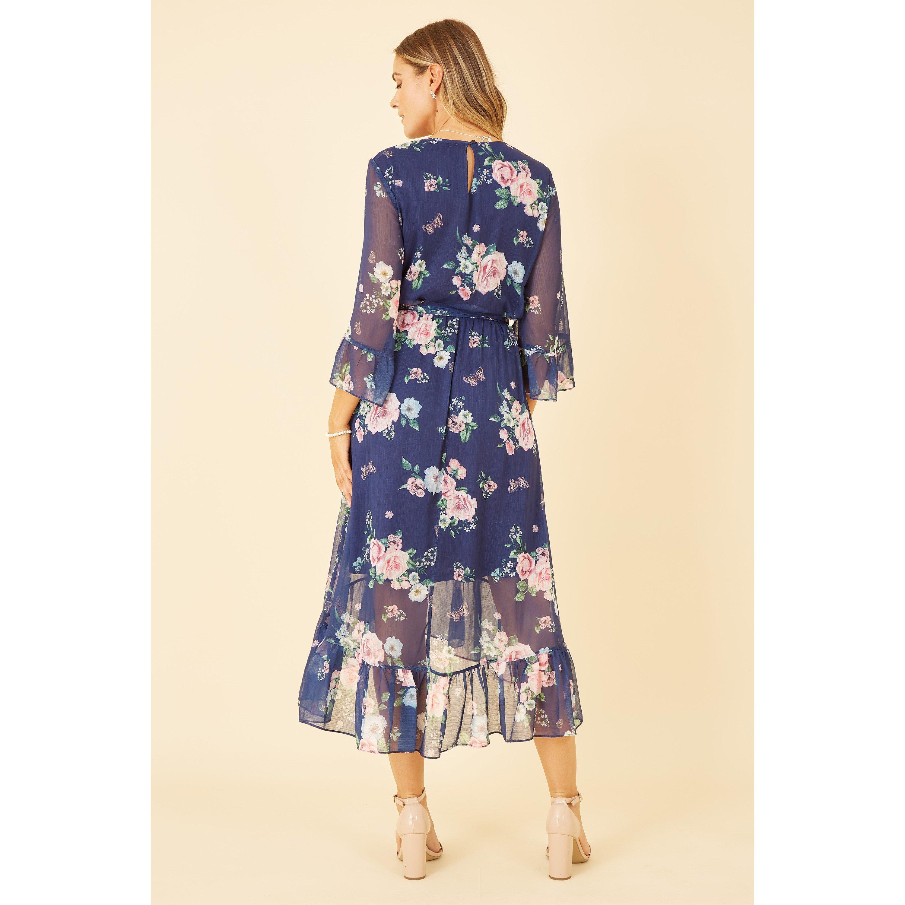 Navy - Yumi - Navy Floral Wrap Dress With Dipped Hem - 5