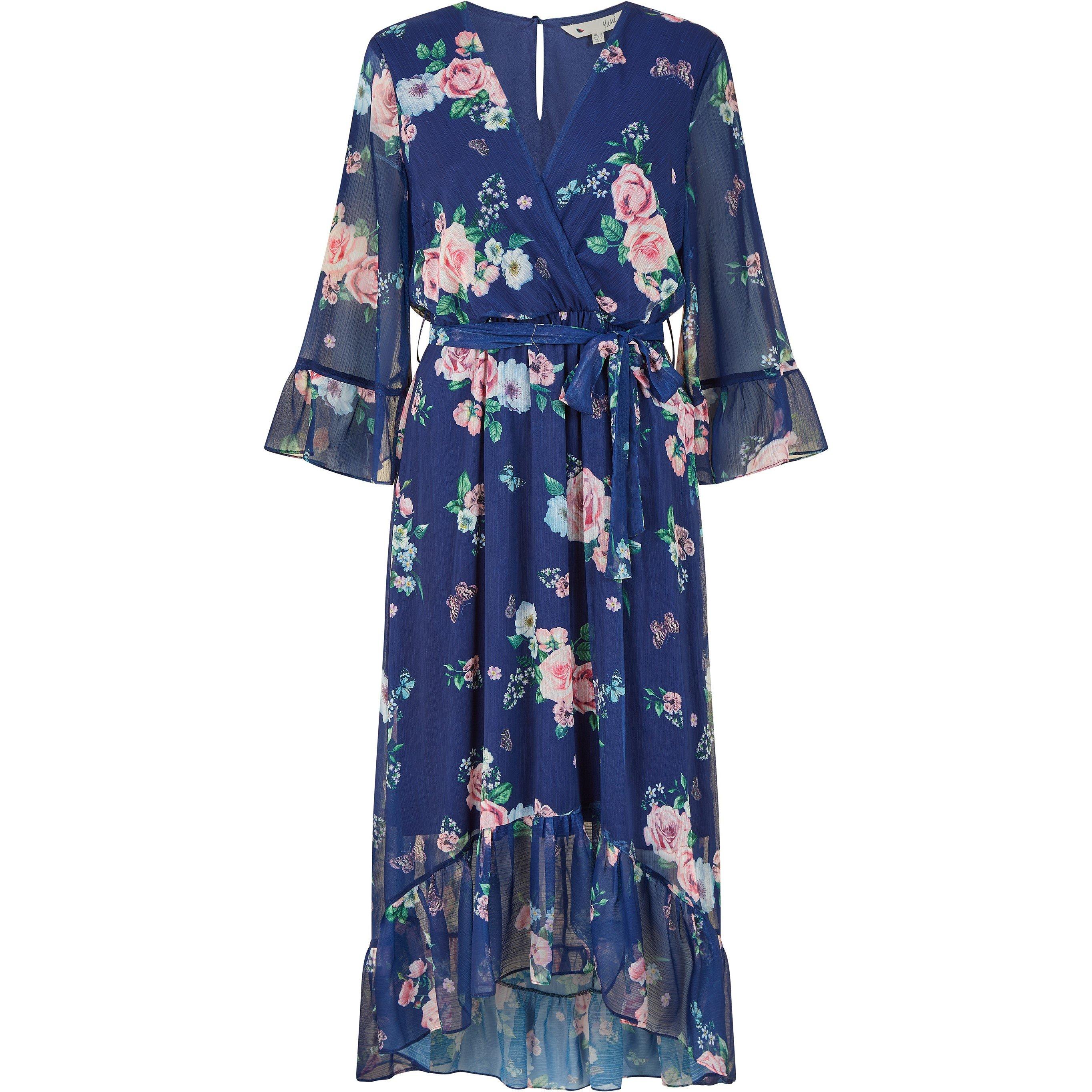 Navy - Yumi - Navy Floral Wrap Dress With Dipped Hem - 6