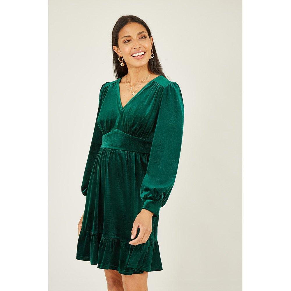 Green - Mela London - Green Velvet Long Sleeve Skater Dress - 1