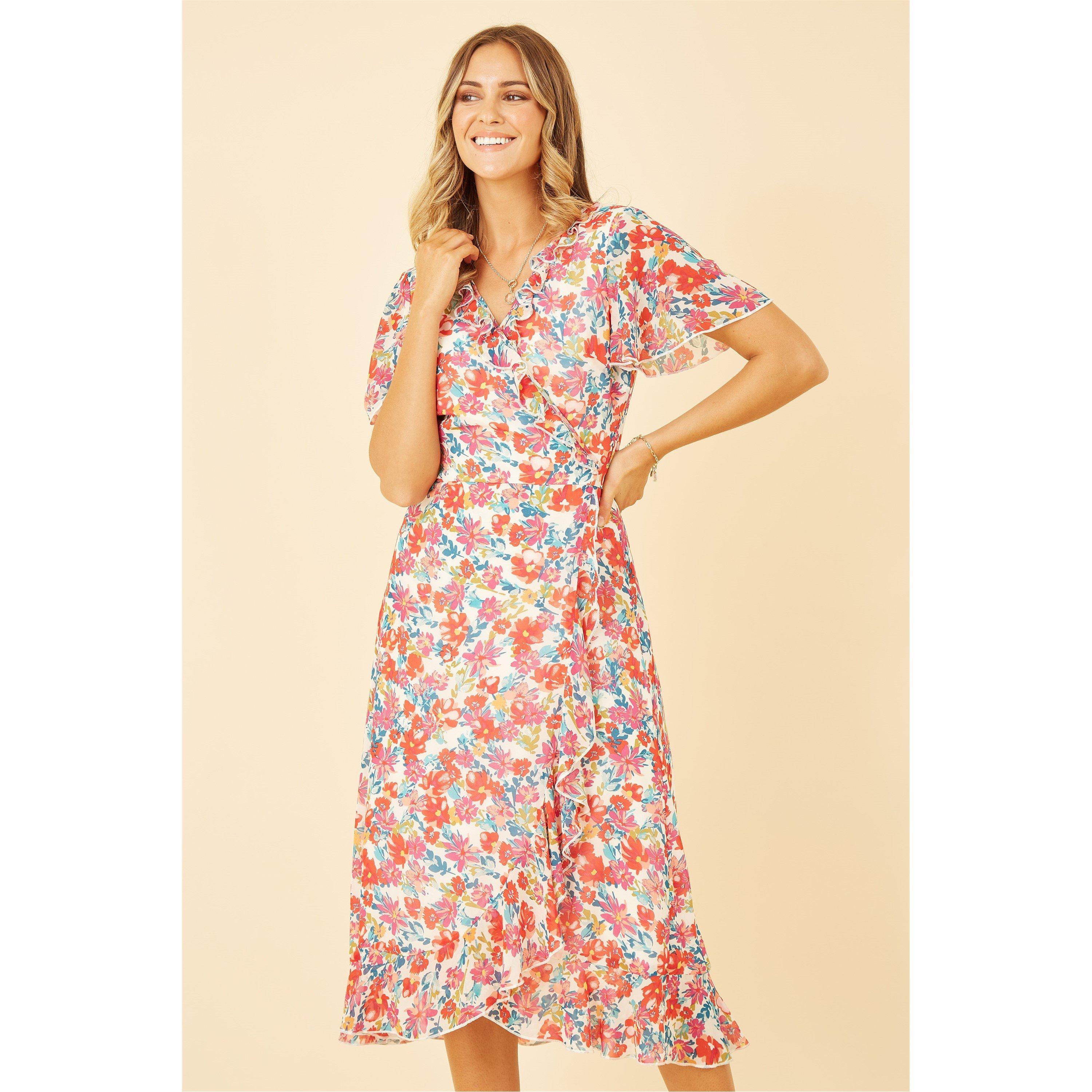 White - Yumi - White Floral Wrap Midi Dress - 1