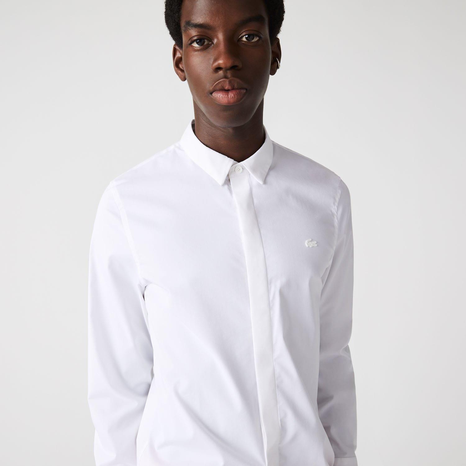 White - Lacoste - Slim Fit Concealed Placket Poplin Shirt - 4