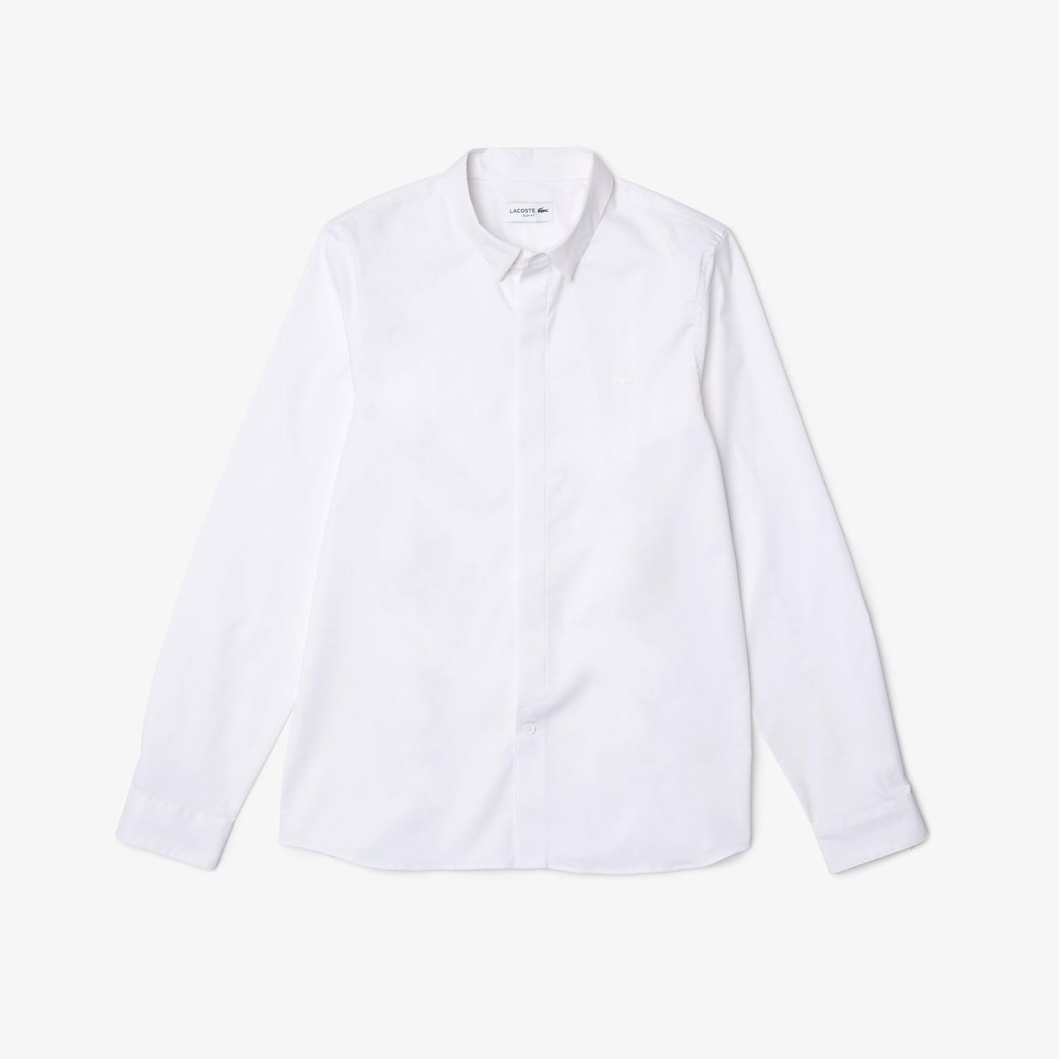 White - Lacoste - Slim Fit Concealed Placket Poplin Shirt - 5