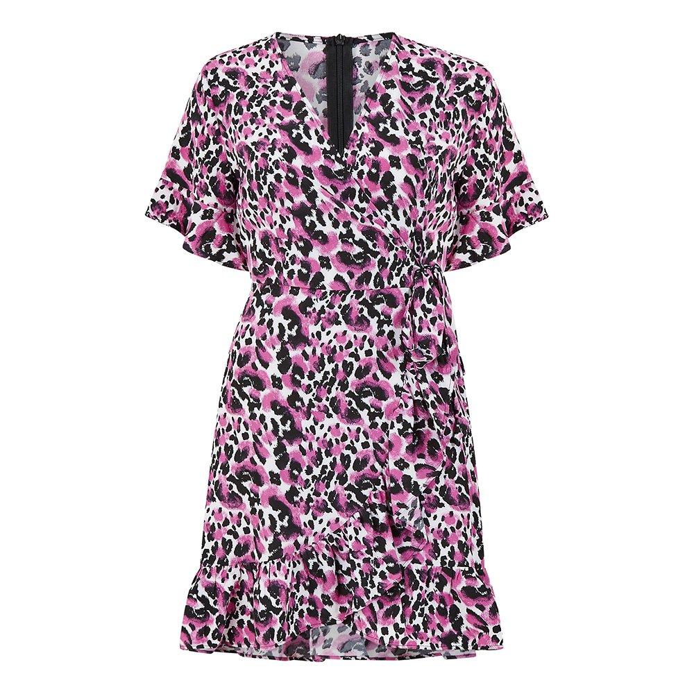 Pink - Mela London - Pink Leopard Print Wrap Skater Dress - 1