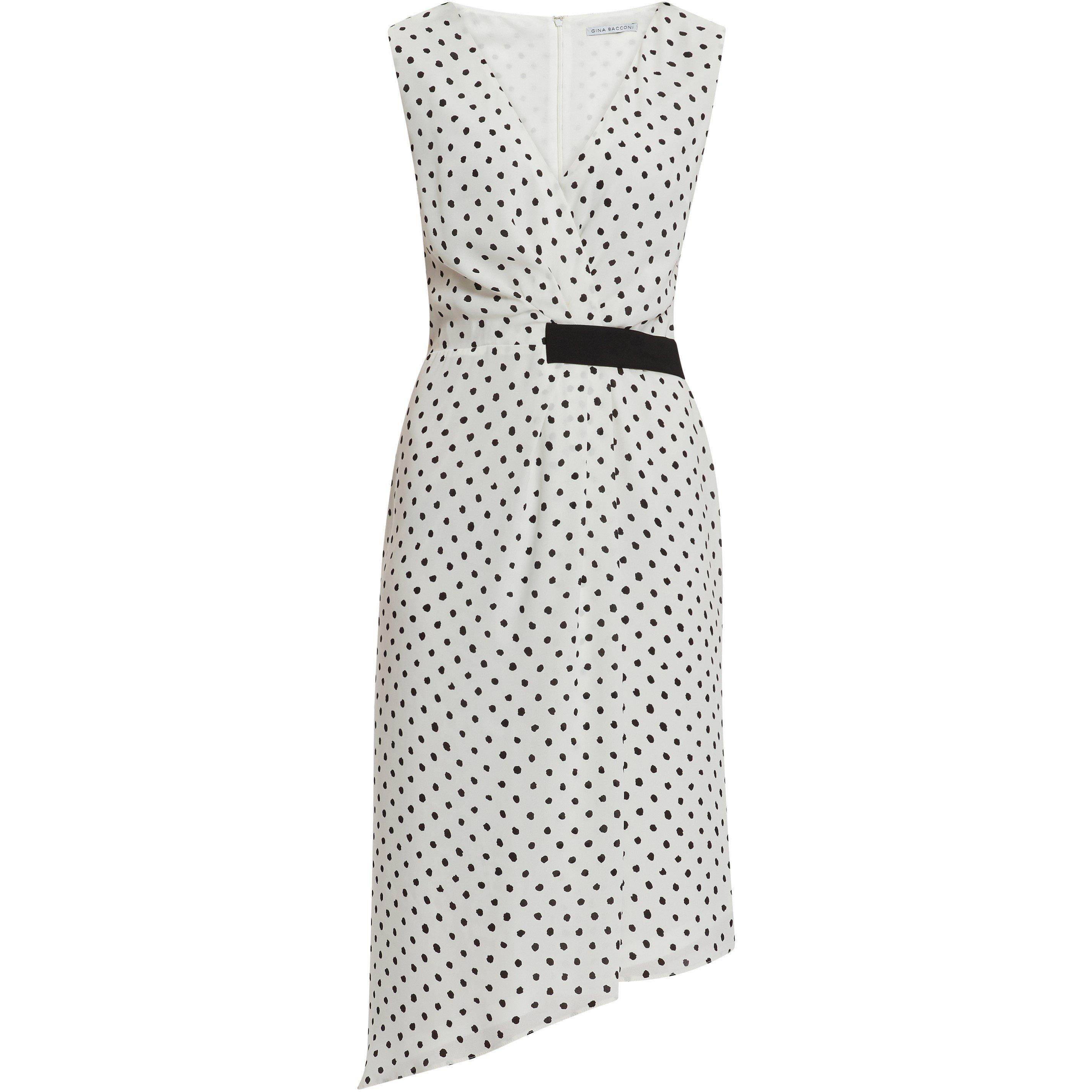 Off White / Bk - Gina Bacconi - Kari Asymmetric Wrap Spot Dress - 1