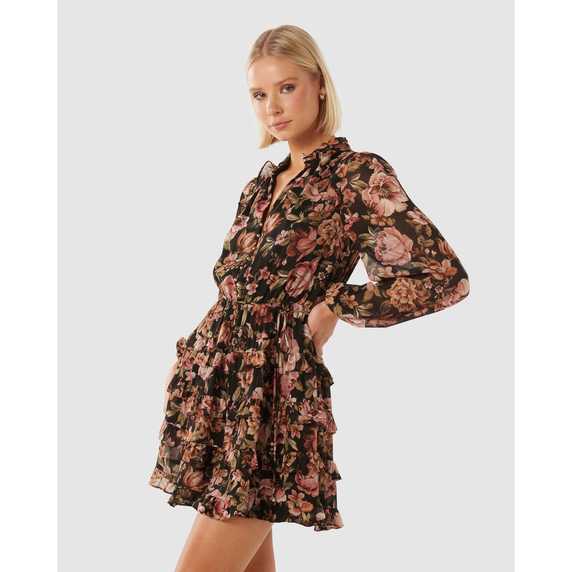 Black Delphi Fl - Forever New - Lowrie Ruffle Mini Dress - 4